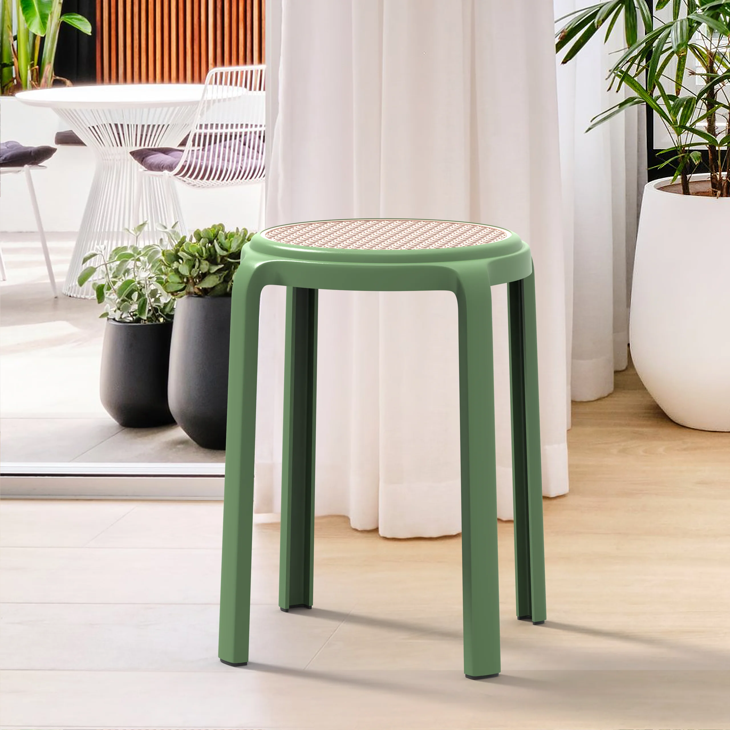 Tresse Series Stackable Round Poly Stool With Wicker Top 13 in Green