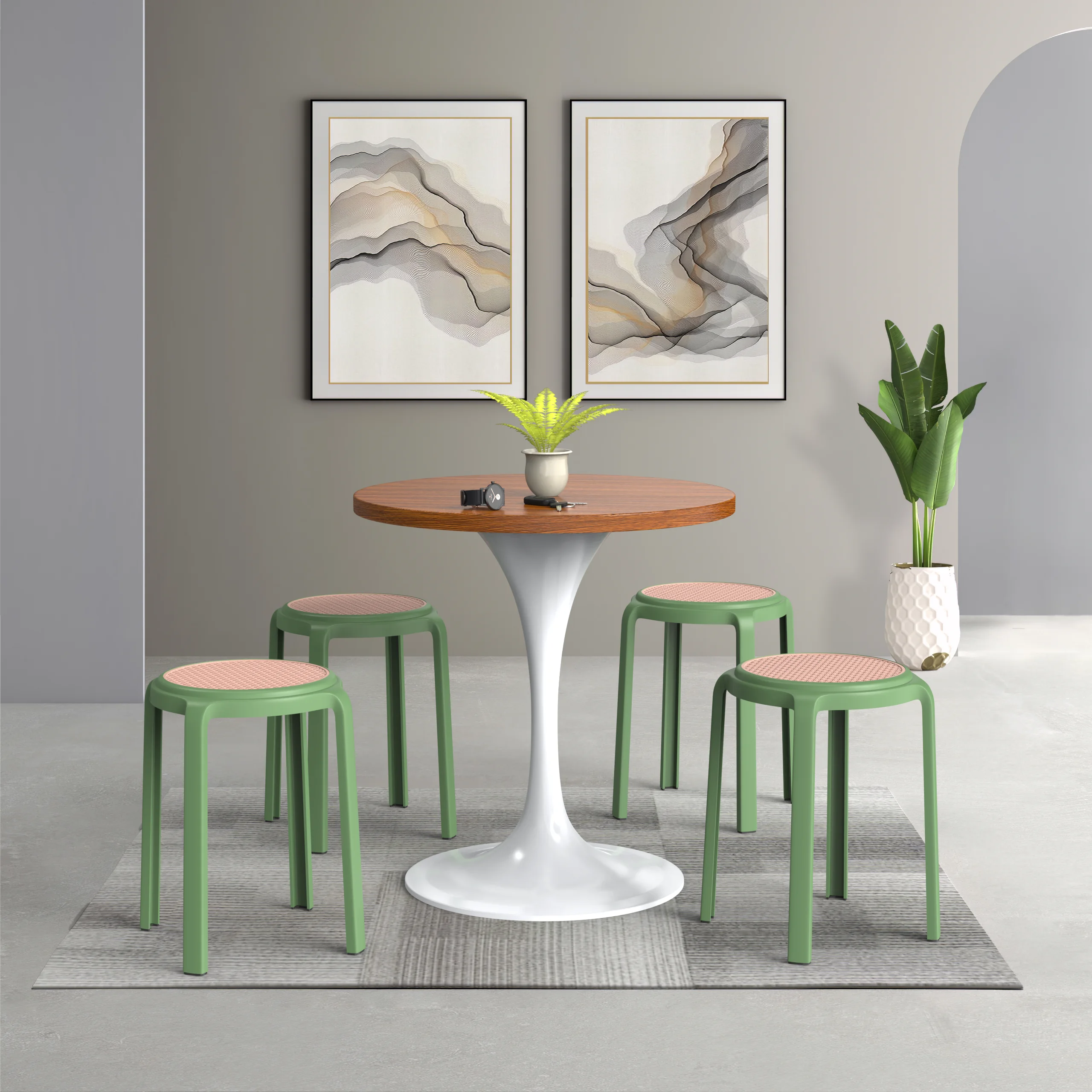 Tresse Series Stackable Round Poly Stool With Wicker Top 13 in Green