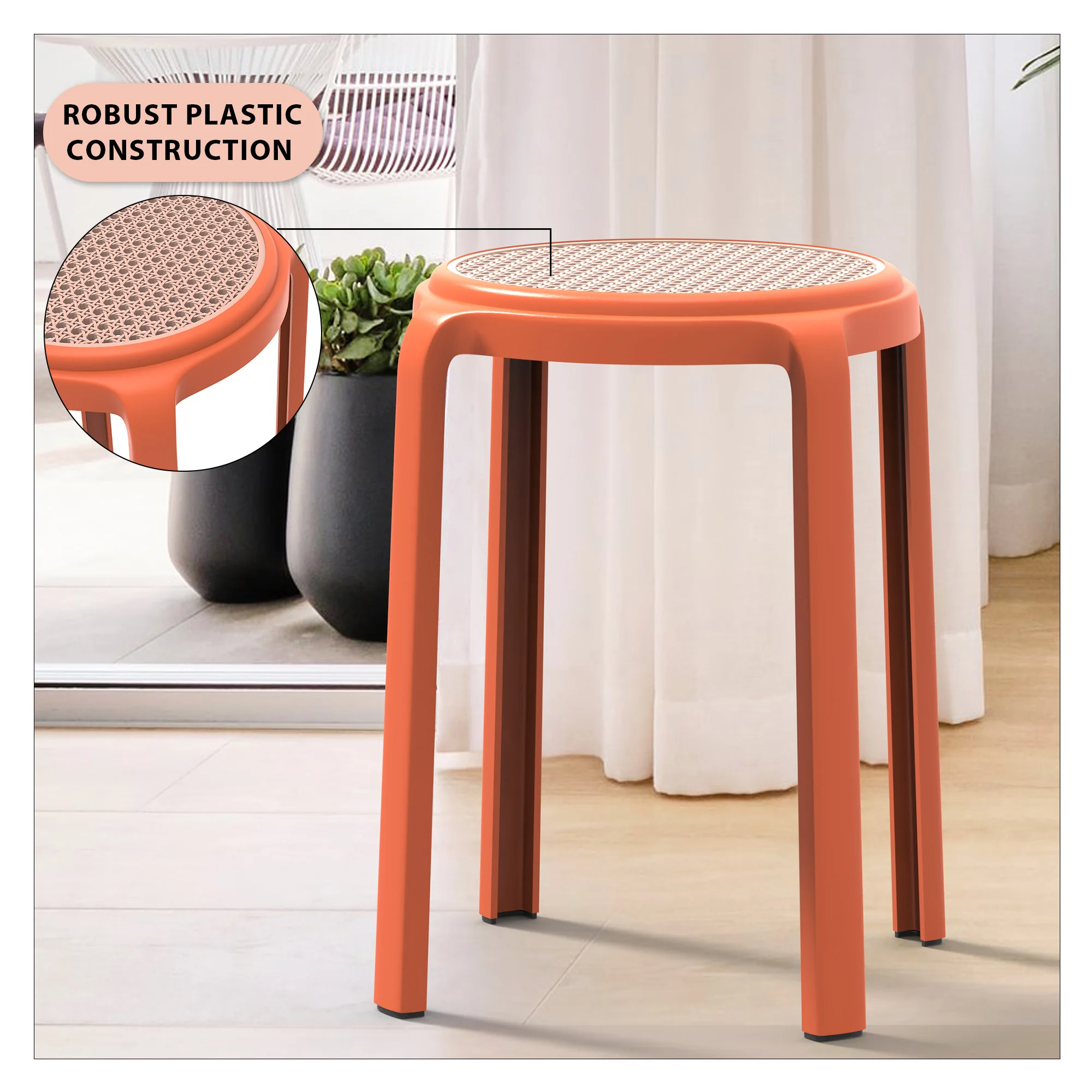 Tresse Series Stackable Round Poly Stool With Wicker Top 13 in Orange