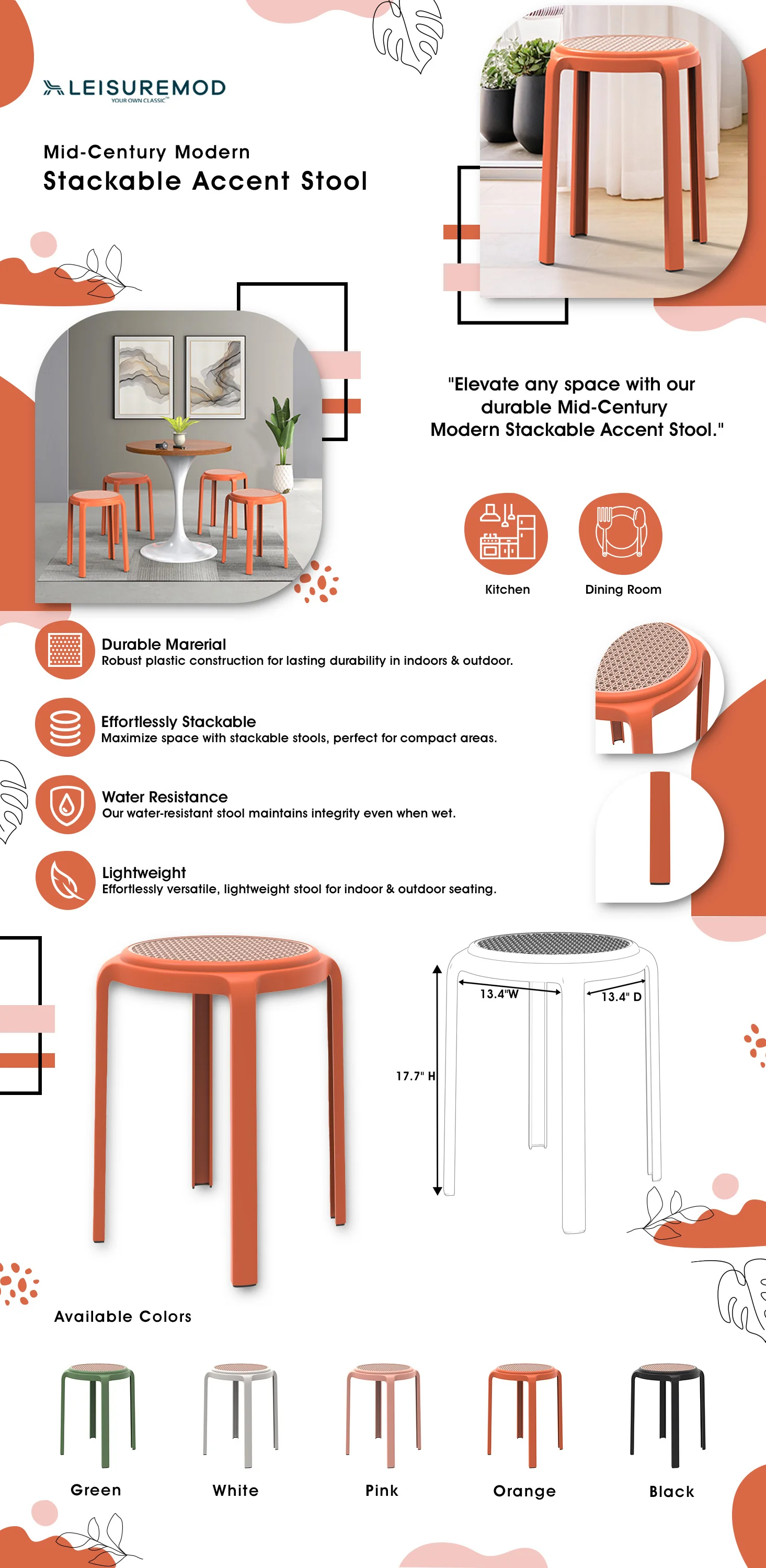 Tresse Series Stackable Round Poly Stool With Wicker Top 13 in Orange