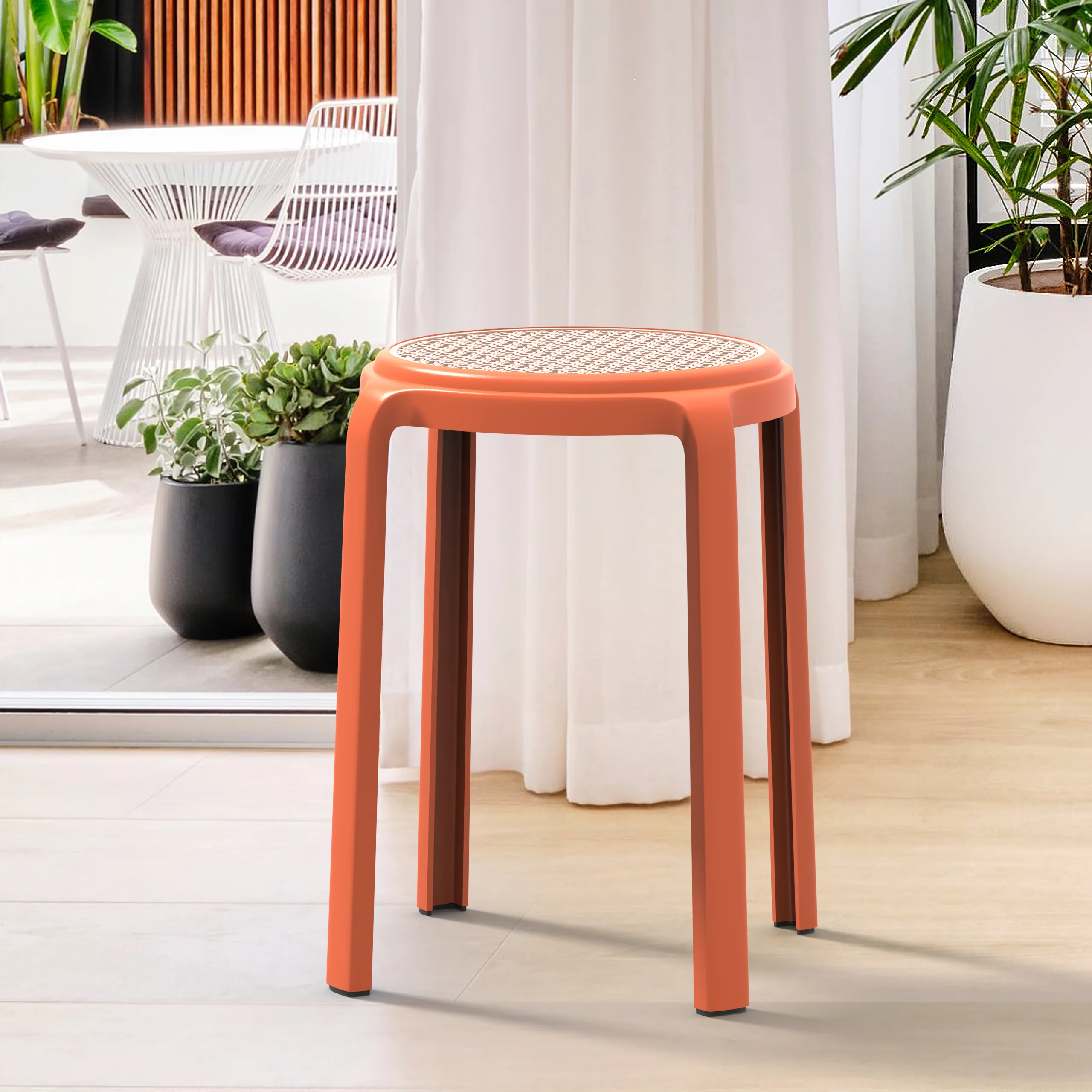 Tresse Series Stackable Round Poly Stool With Wicker Top 13 in Orange