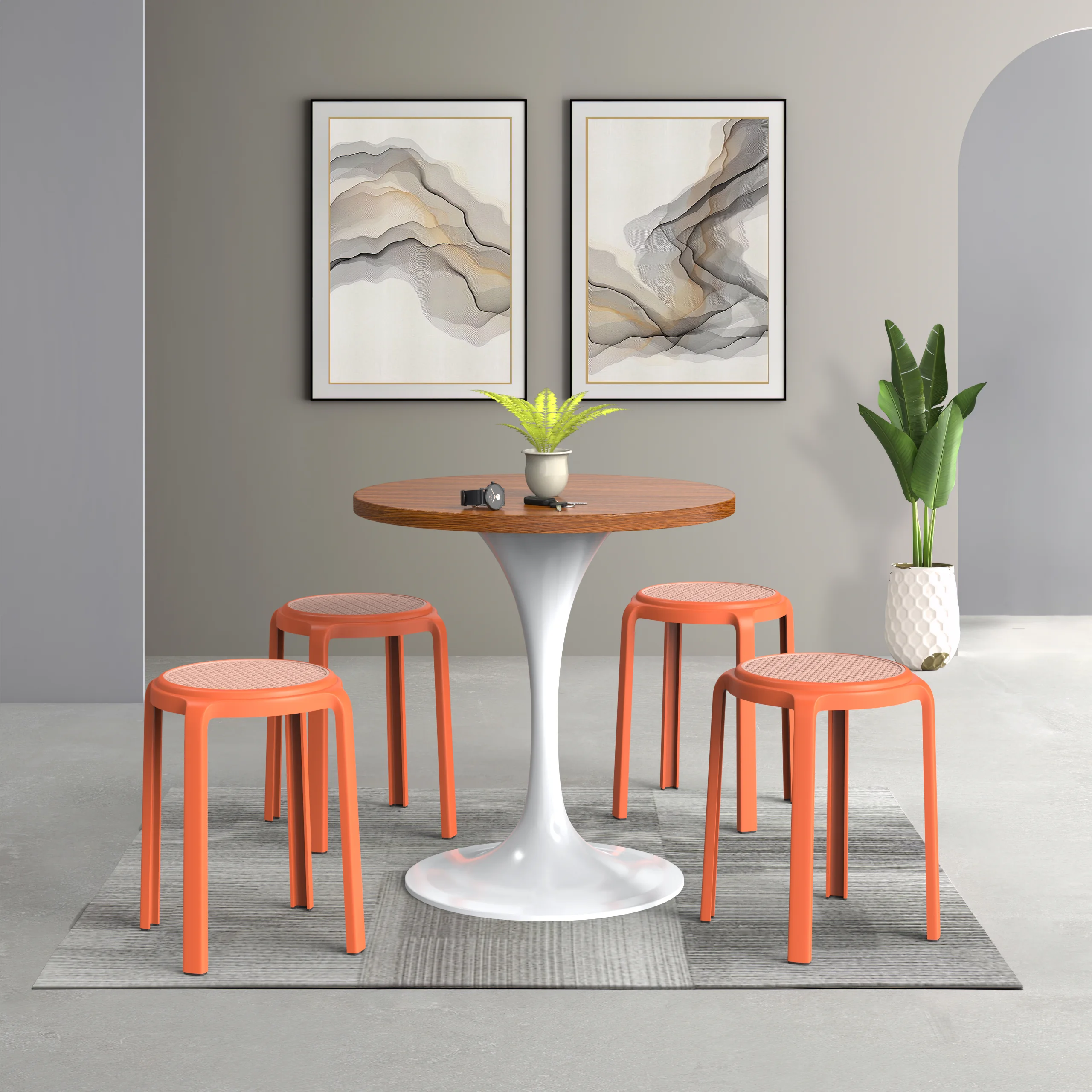 Tresse Series Stackable Round Poly Stool With Wicker Top 13 in Orange
