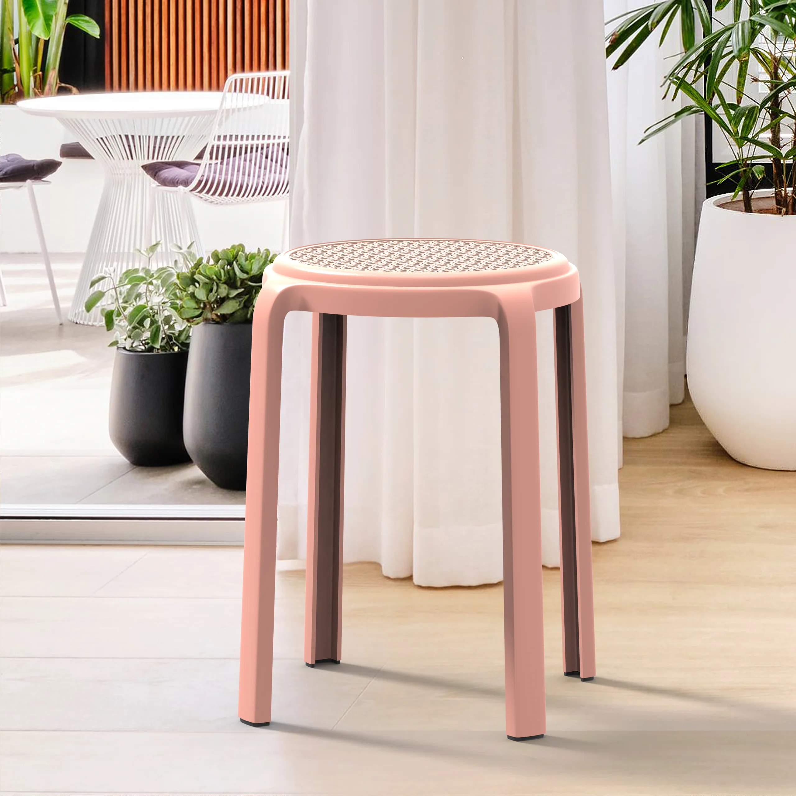 Tresse Series Stackable Round Poly Stool With Wicker Top 13 in Pink