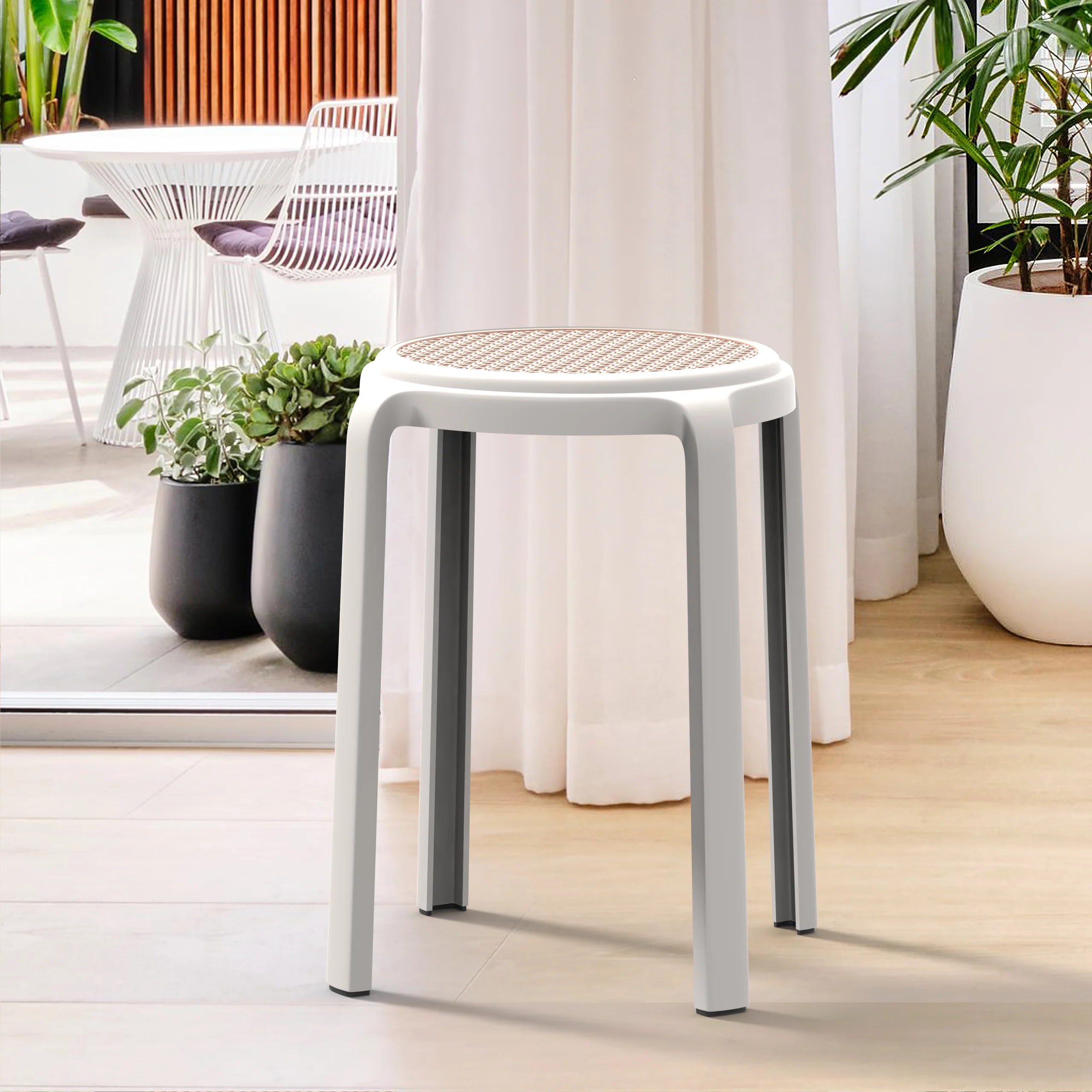 Tresse Series Stackable Round Poly Stool With Wicker Top 13 in White