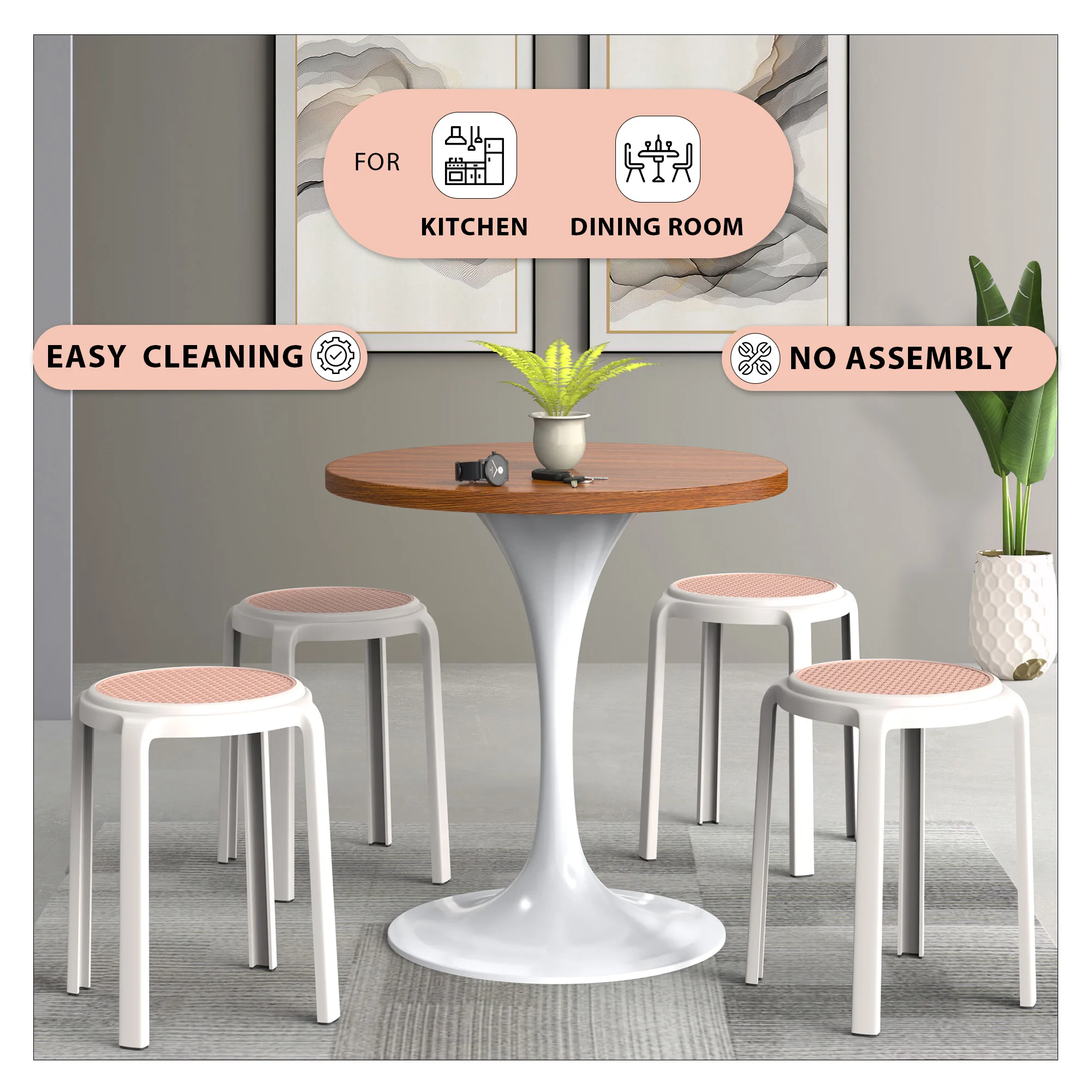 Tresse Series Stackable Round Poly Stool With Wicker Top 13 in White