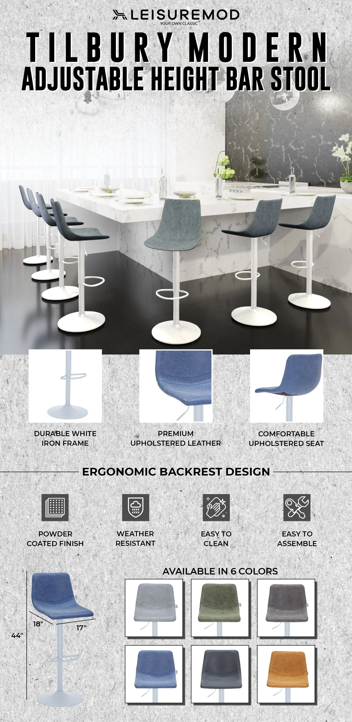 Tilbury - Bar stool -White Base- Peacock Blue