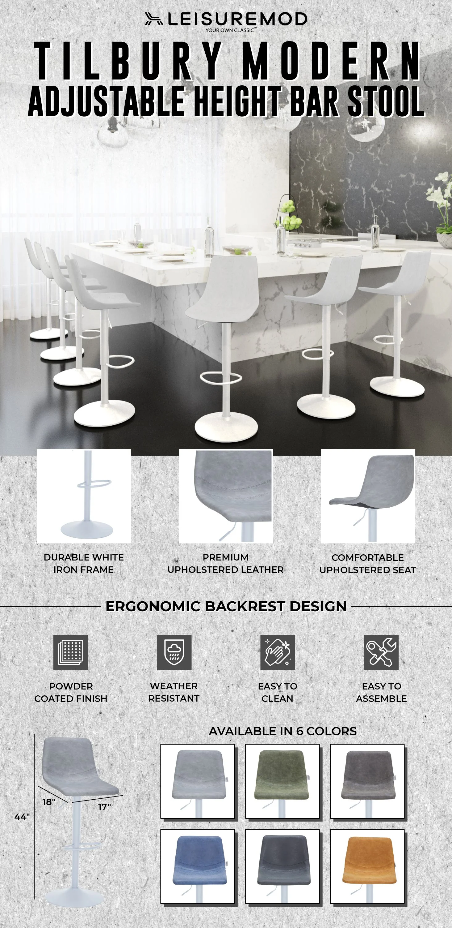 Tilbury - Bar stool -White base- Light Grey