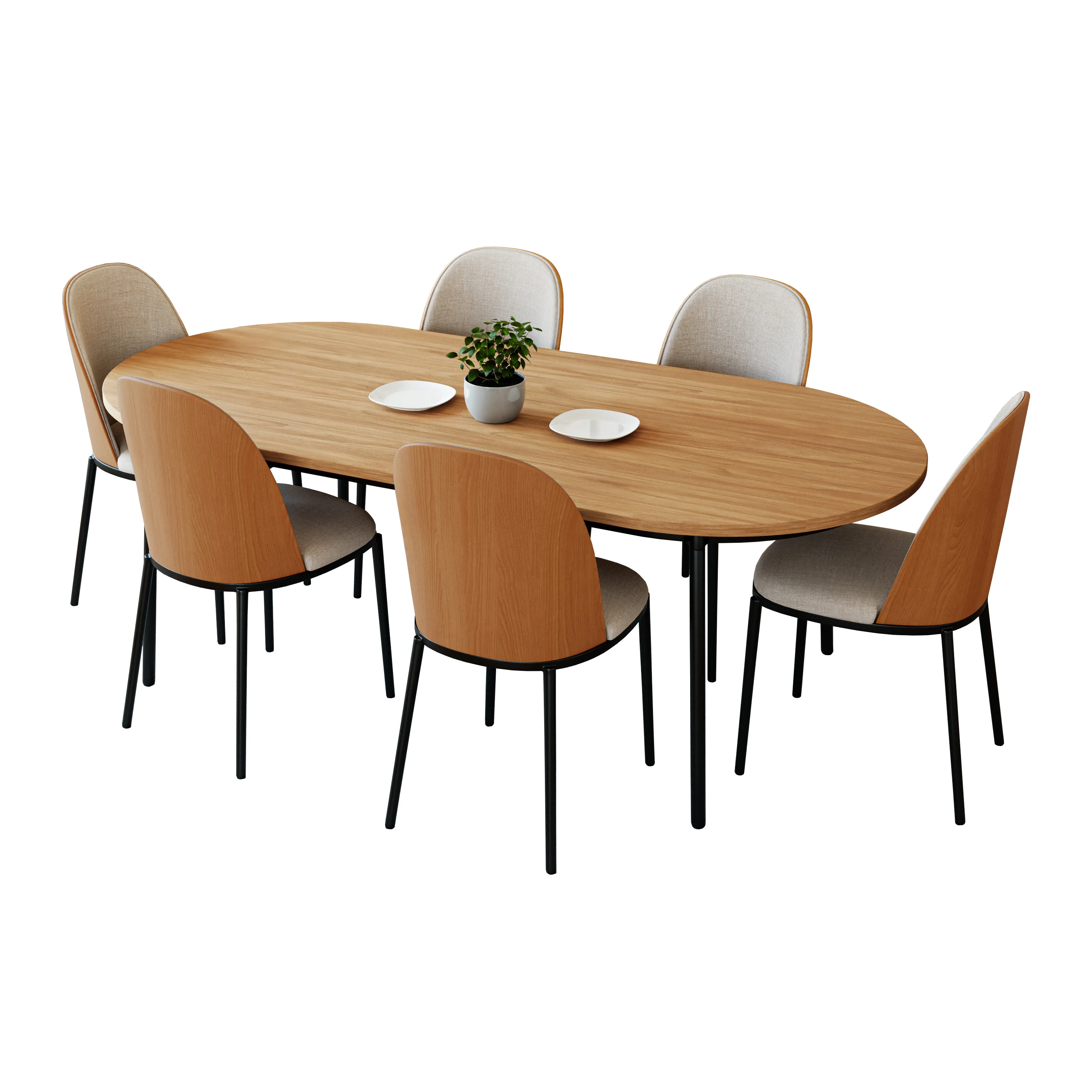 Tule 7-Piece Dining Set in Steel Frame with 6 Upholstered Seat Dining Chairs and 71" Oval Dining Table with MDF Tabletop