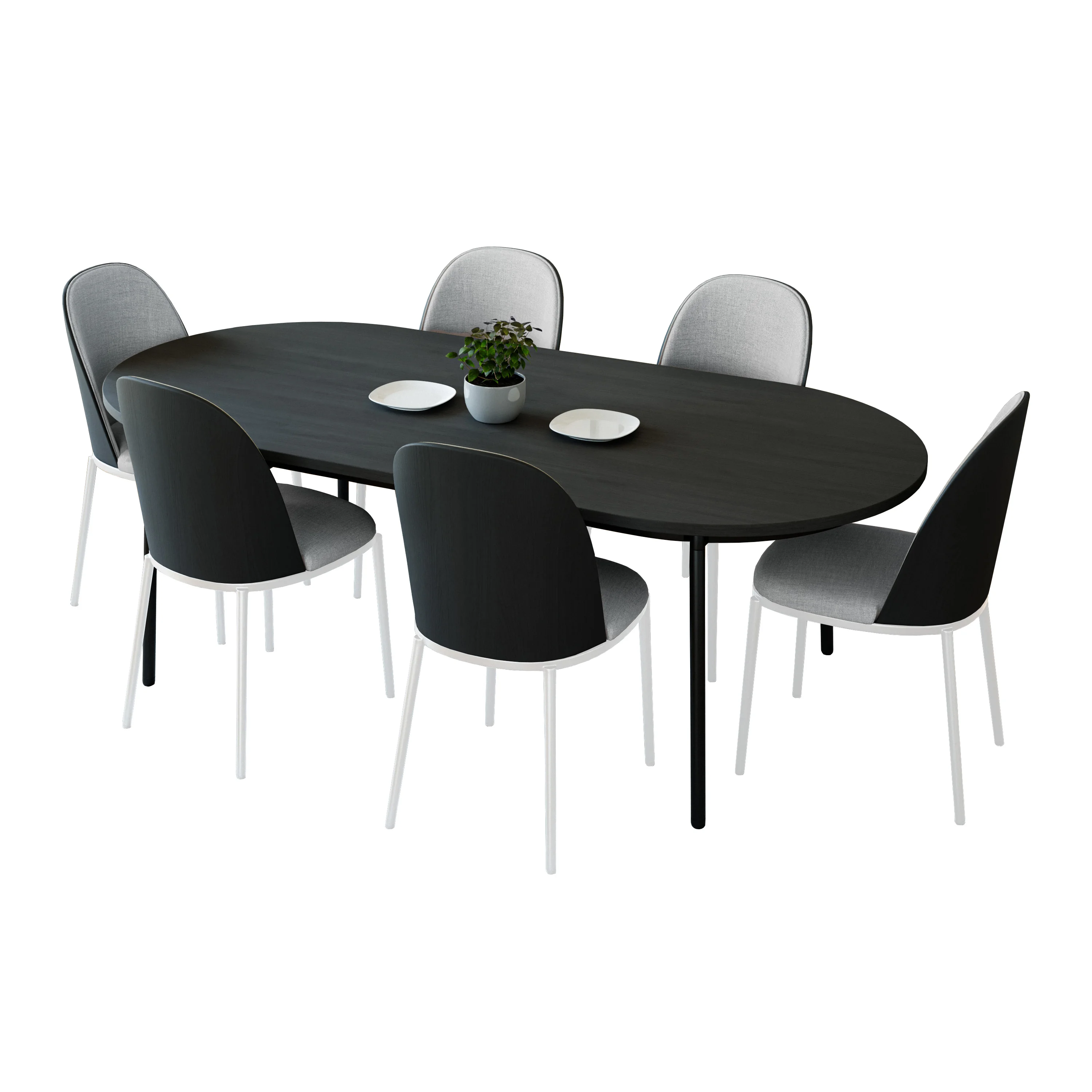 Tule 7-Piece Dining Set in White Steel Frame with 6 Upholstered Seat Dining Chairs and 71" Oval Dining Table with MDF Tabletop in Black/Platinum Blue