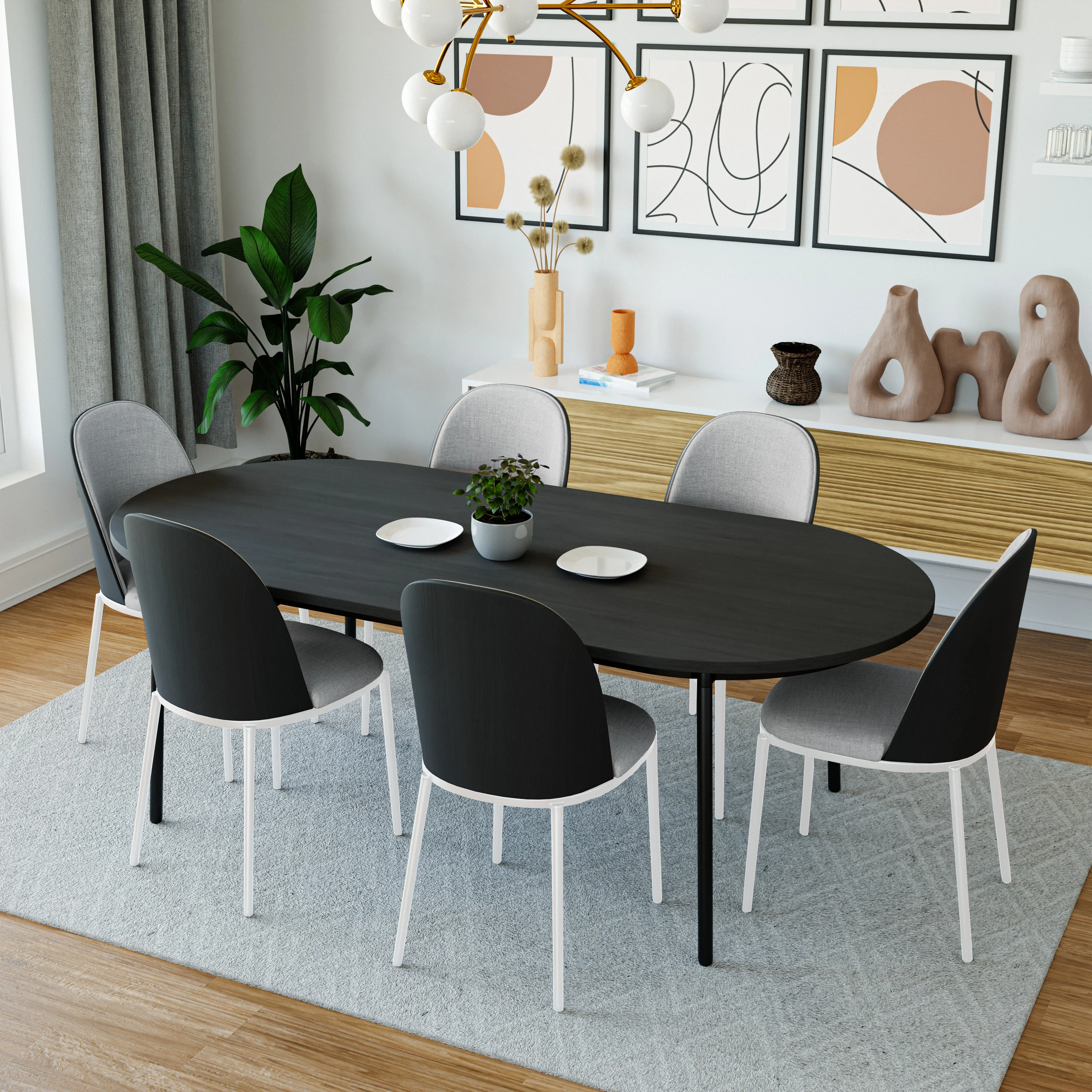 Tule 7-Piece Dining Set in White Steel Frame with 6 Upholstered Seat Dining Chairs and 71" Oval Dining Table with MDF Tabletop in Black/Platinum Blue