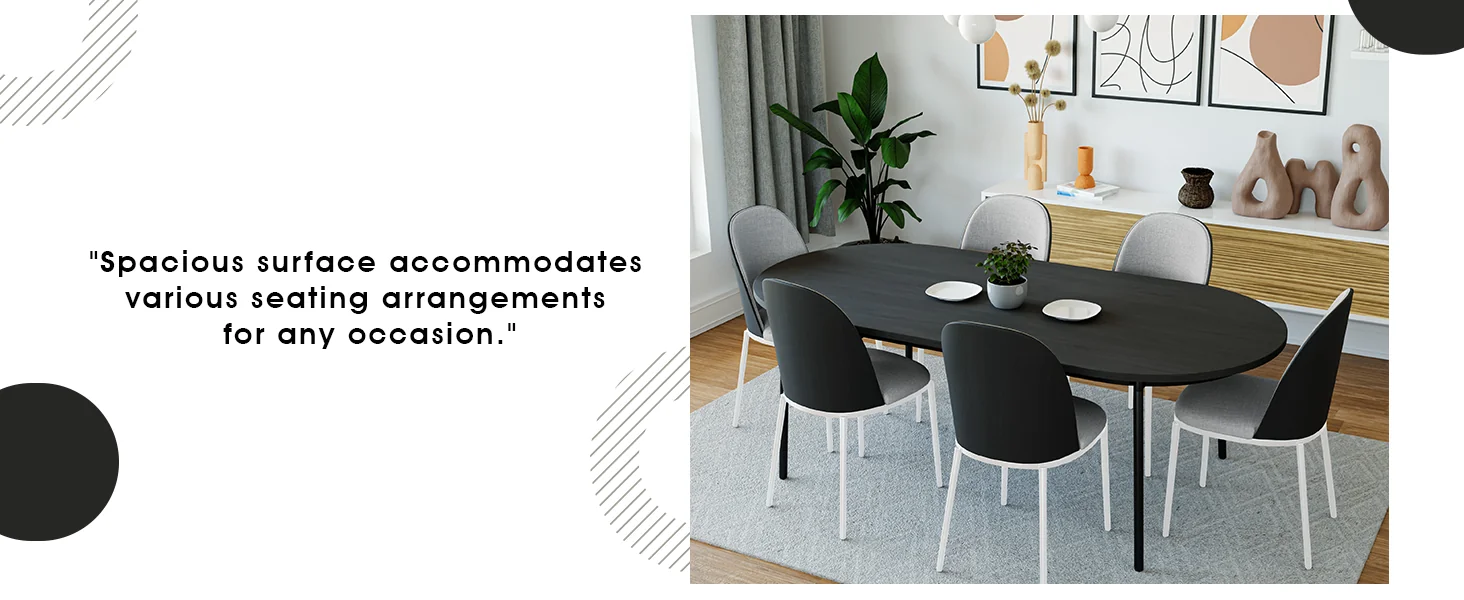 Tule 7-Piece Dining Set in White Steel Frame with 6 Upholstered Seat Dining Chairs and 71" Oval Dining Table with MDF Tabletop in Black/Platinum Blue