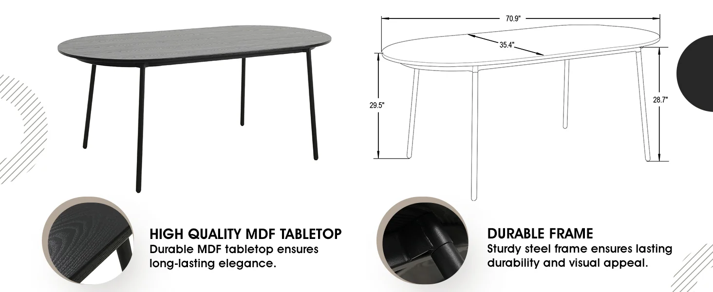 Tule 7-Piece Dining Set in White Steel Frame with 6 Upholstered Seat Dining Chairs and 71" Oval Dining Table with MDF Tabletop in Black/Charcoal