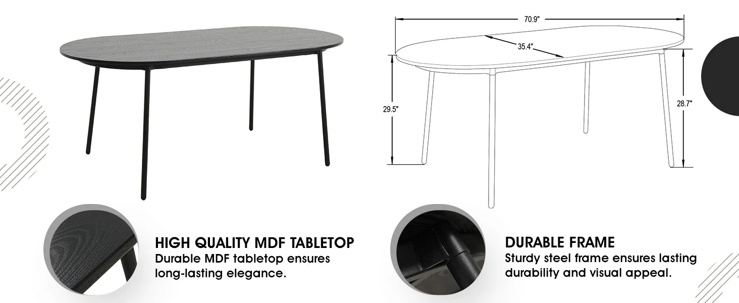 Tule 7-Piece Dining Set in White Steel Frame with 6 Upholstered Seat Dining Chairs and 71" Oval Dining Table with MDF Tabletop in Black/White