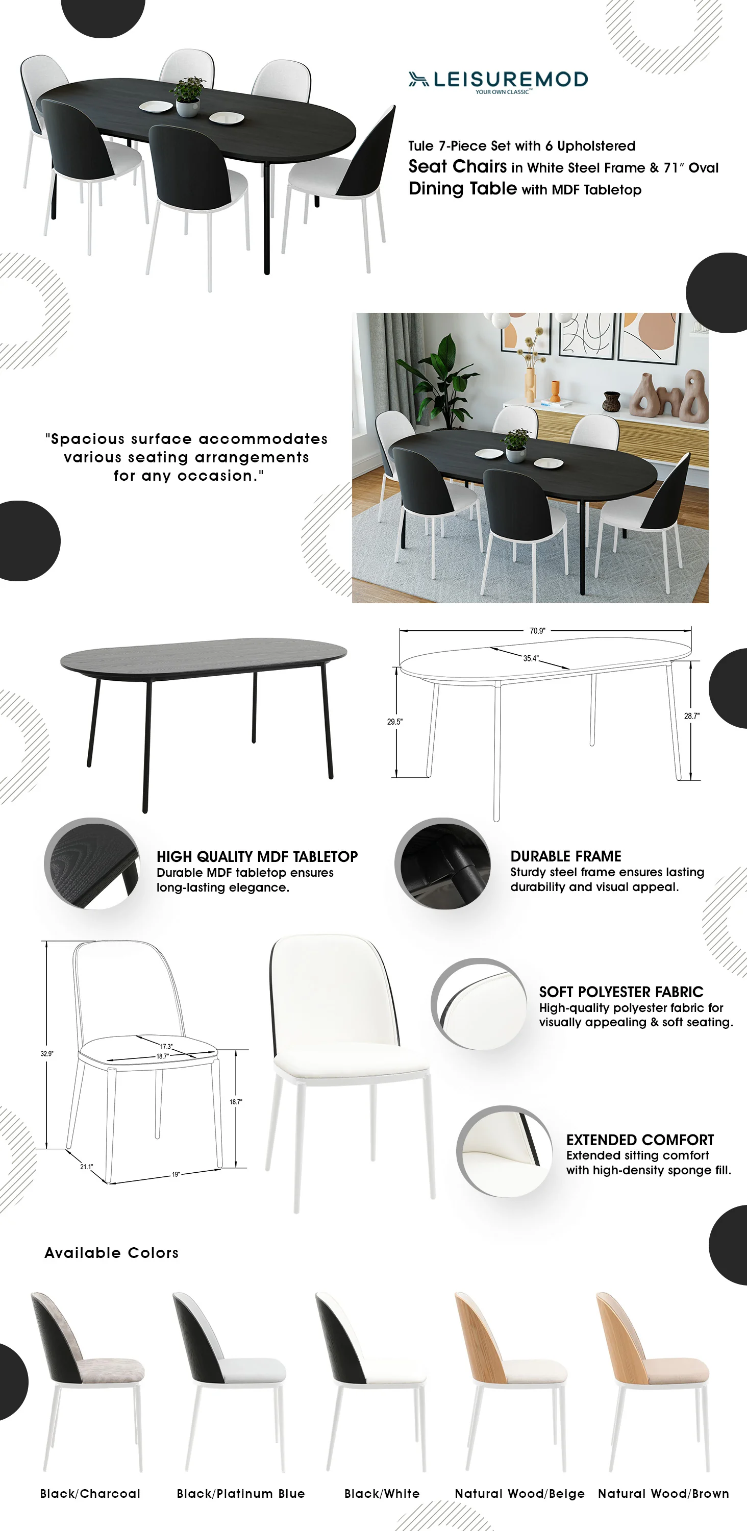 Tule 7-Piece Dining Set in White Steel Frame with 6 Upholstered Seat Dining Chairs and 71" Oval Dining Table with MDF Tabletop in Black/White