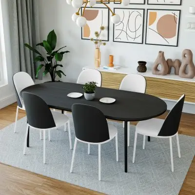 Tule 7-Piece Dining Set in White Steel Frame with 6 Upholstered Seat Dining Chairs and 71" Oval Dining Table with MDF Tabletop in Black/White