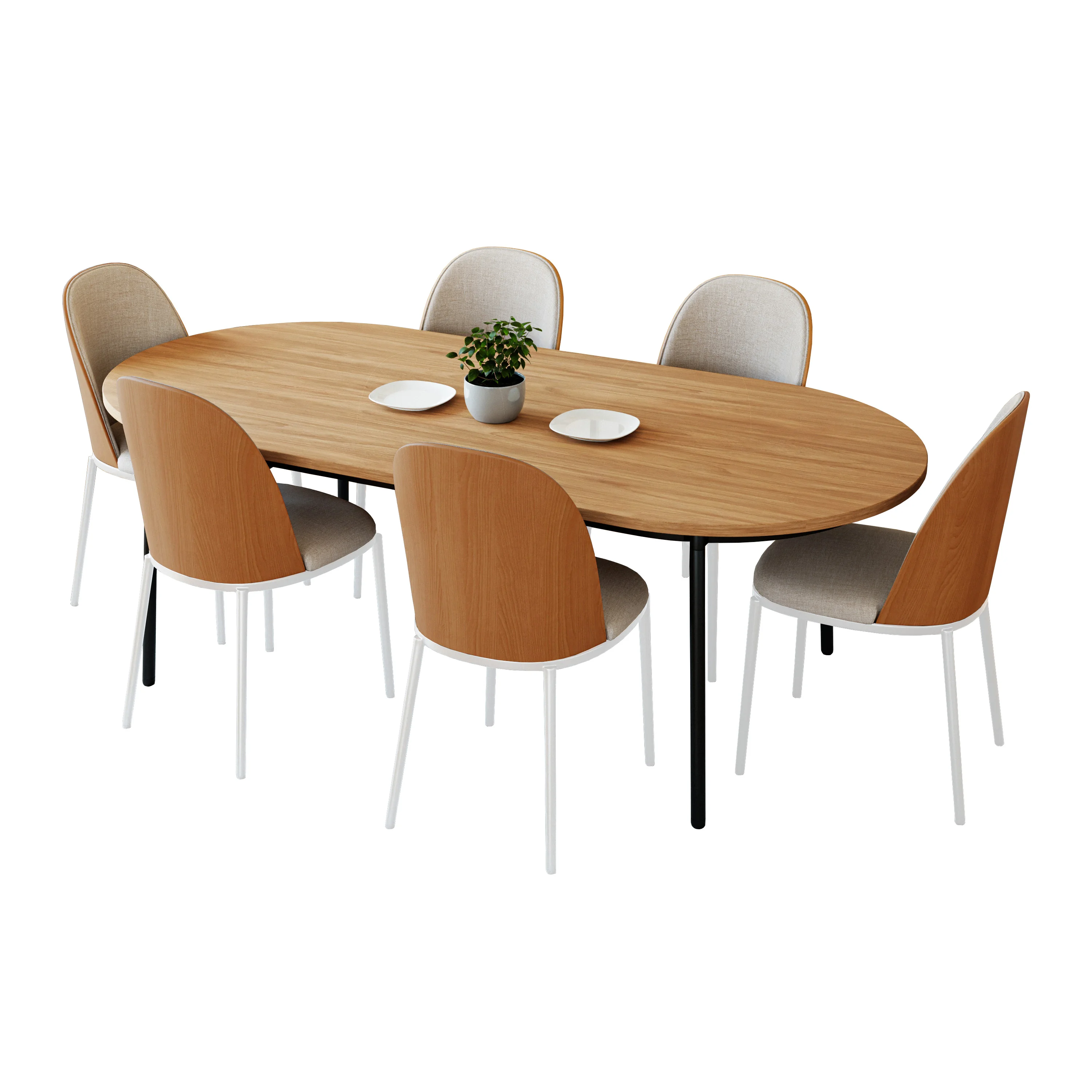 Tule 7-Piece Dining Set in White Steel Frame with 6 Upholstered Seat Dining Chairs and 71" Oval Dining Table with MDF Tabletop in Natural Wood/Beige