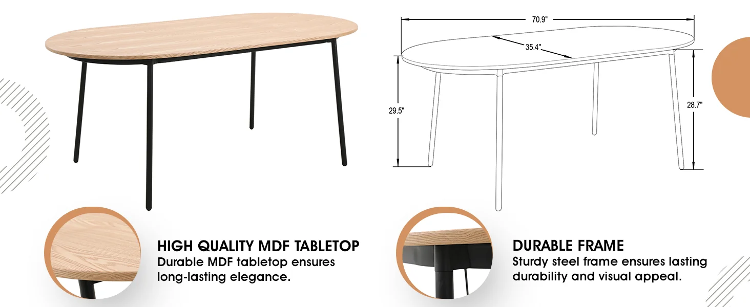 Tule 7-Piece Dining Set in White Steel Frame with 6 Upholstered Seat Dining Chairs and 71" Oval Dining Table with MDF Tabletop in Natural Wood/Beige