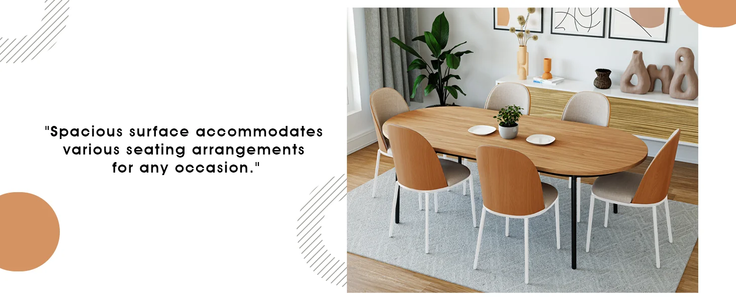 Tule 7-Piece Dining Set in White Steel Frame with 6 Upholstered Seat Dining Chairs and 71" Oval Dining Table with MDF Tabletop in Natural Wood/Beige