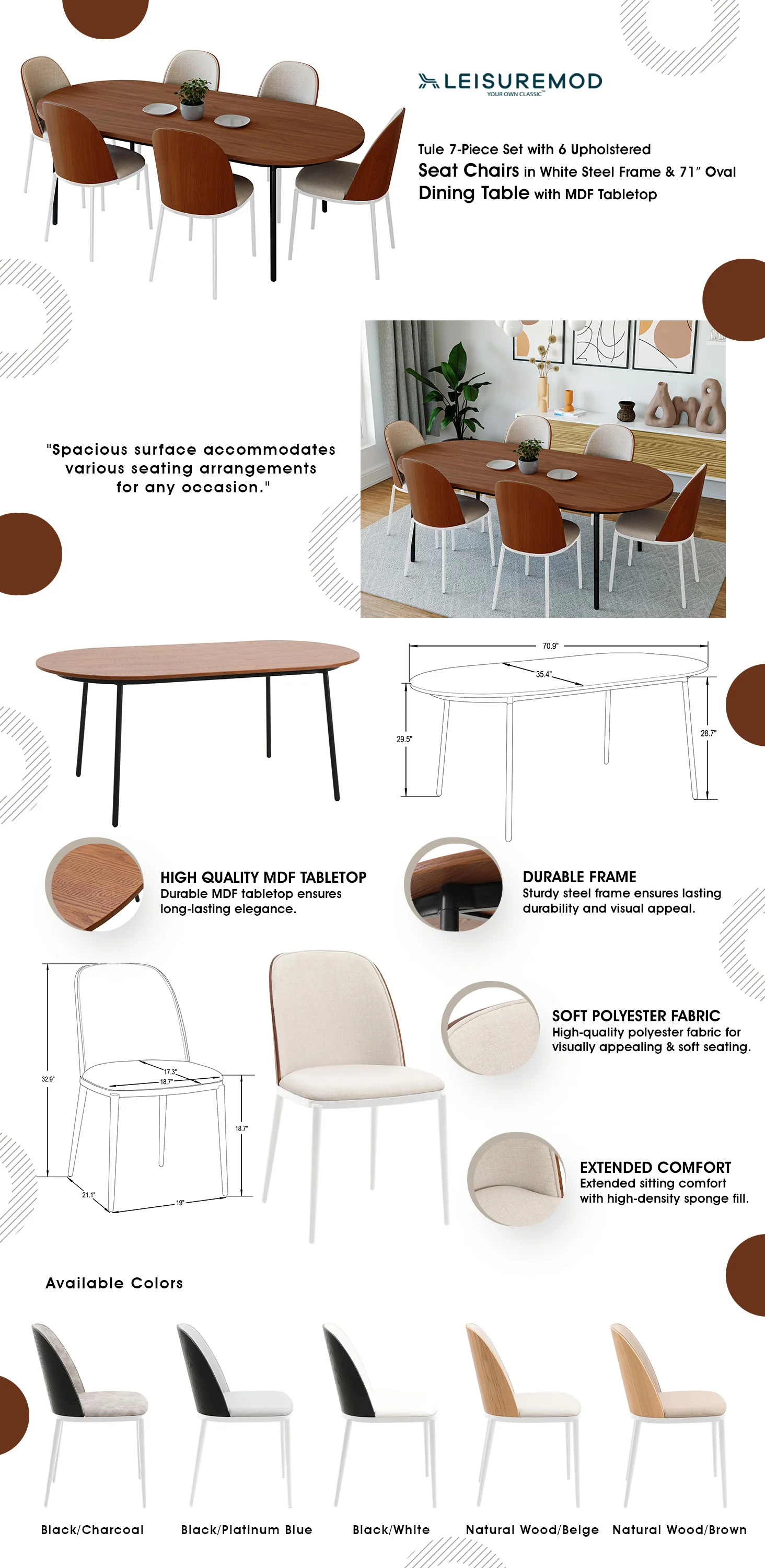 Tule 7-Piece Dining Set in White Steel Frame with 6 Upholstered Seat Dining Chairs and 71" Oval Dining Table with MDF Tabletop in Walnut/Beige