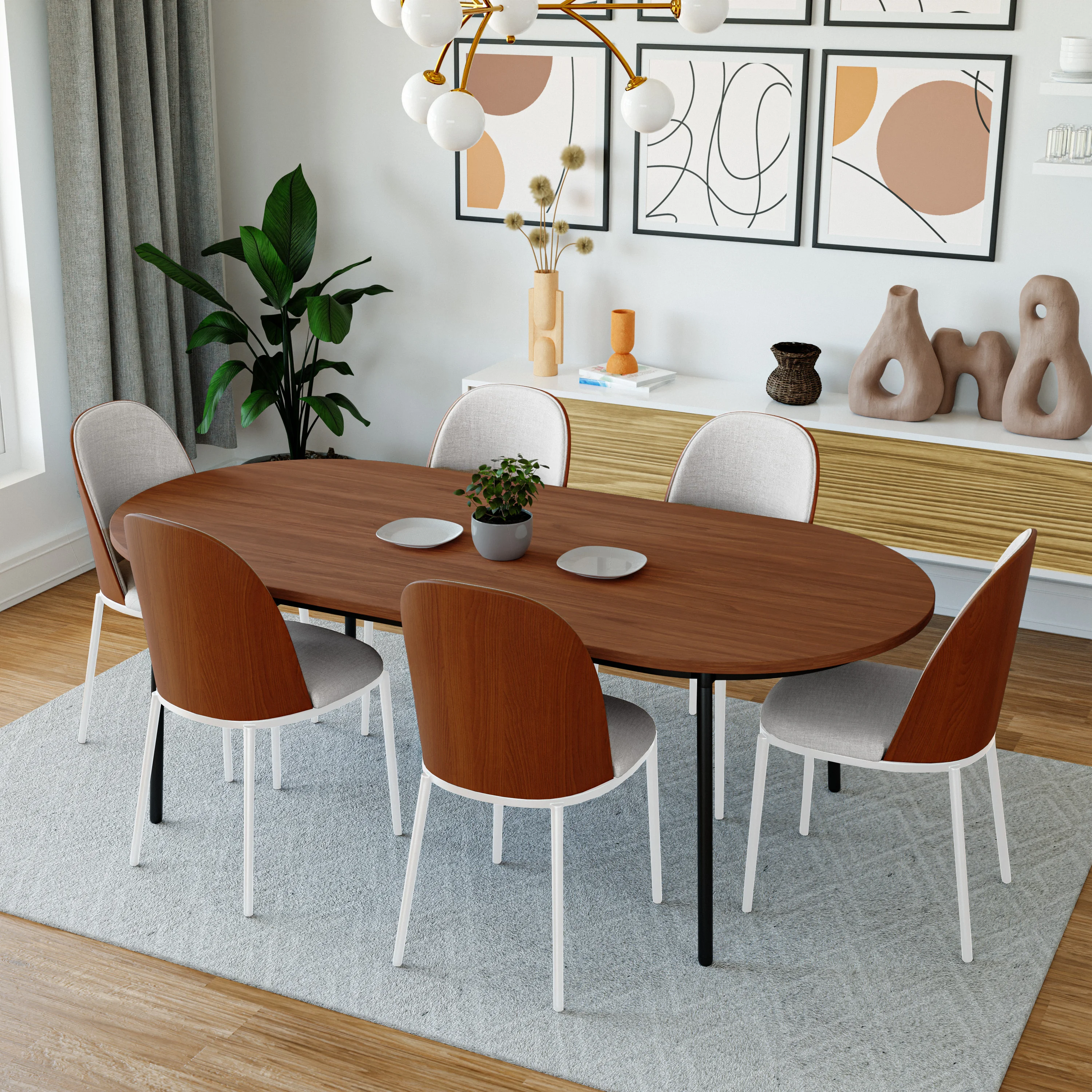 Tule 7-Piece Dining Set in White Steel Frame with 6 Upholstered Seat Dining Chairs and 71" Oval Dining Table with MDF Tabletop in Walnut/White