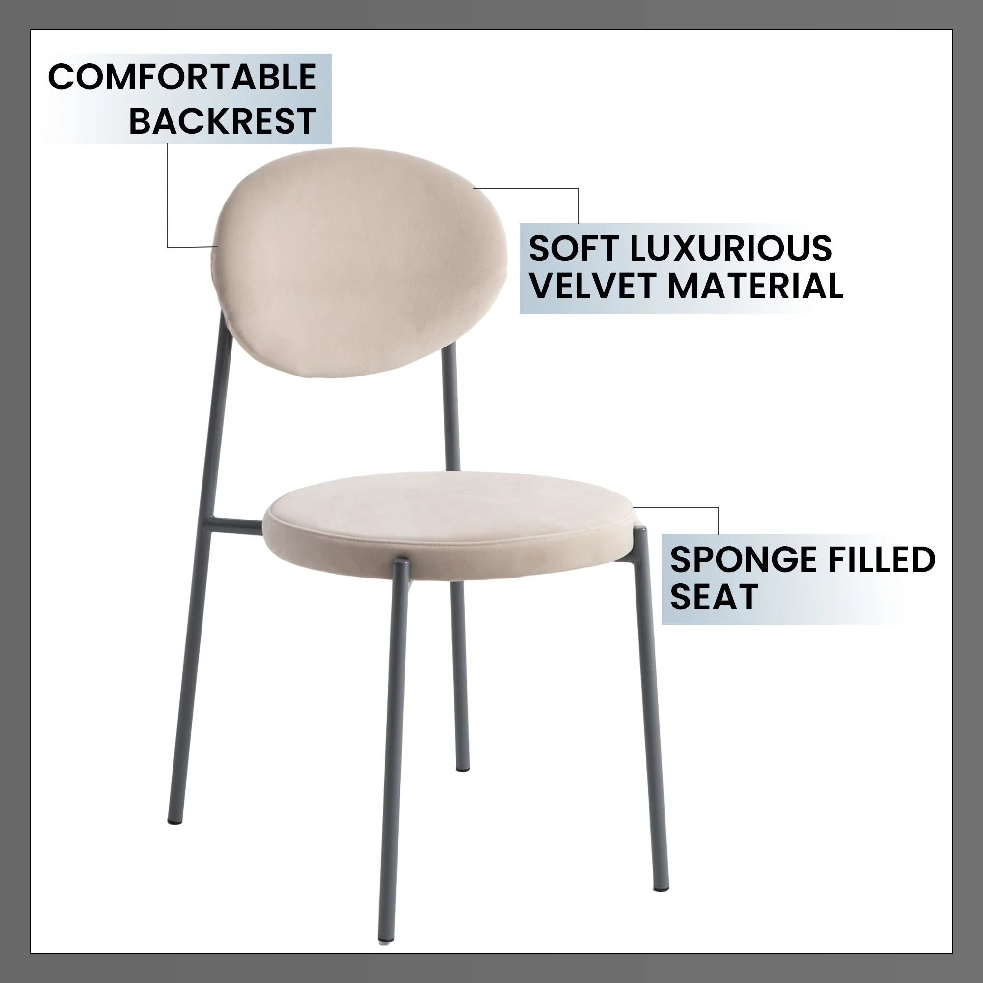 Euston Dining Set, 6 Beige Chairs and Black Table