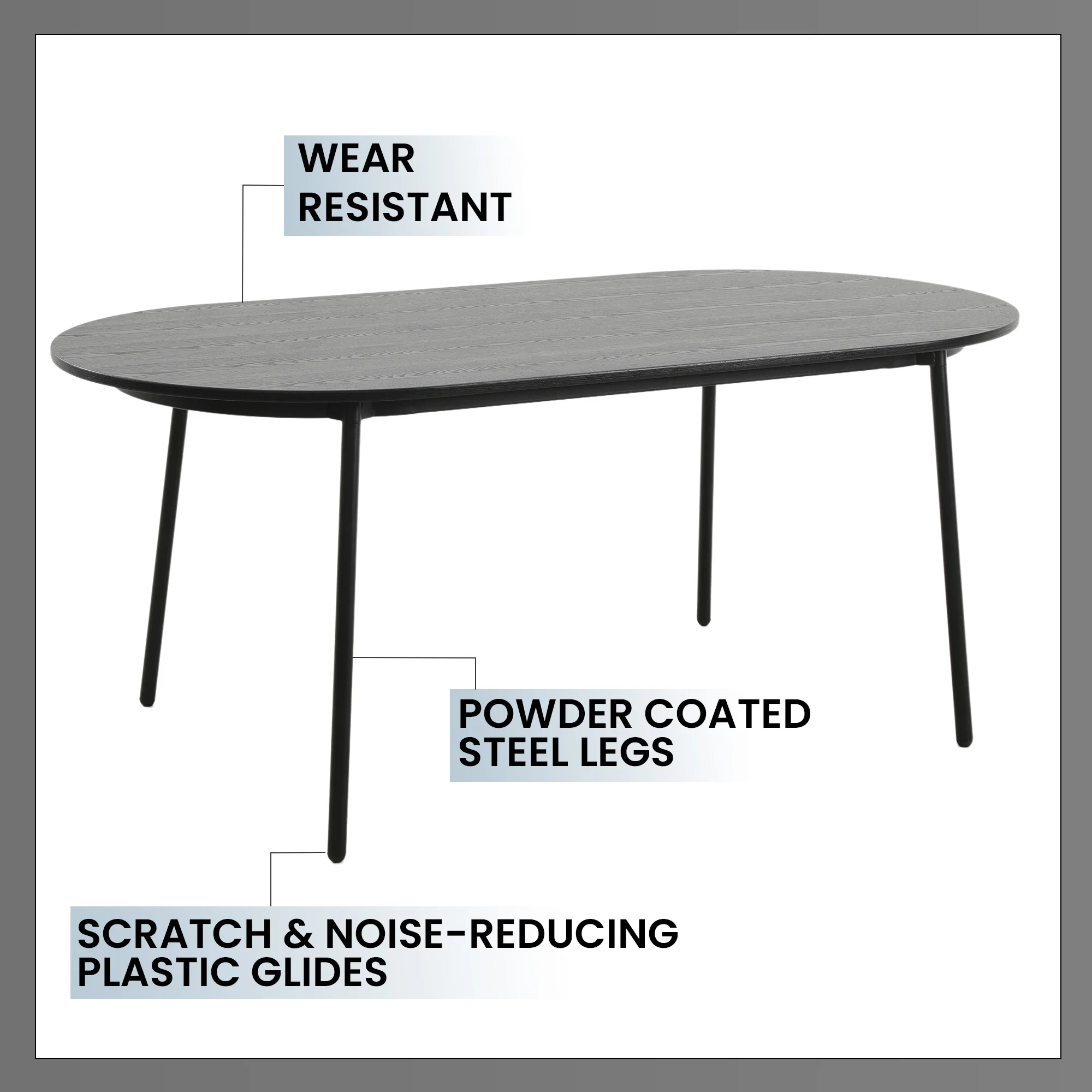 Euston Dining Set, 6 Grey Chairs and Black Table