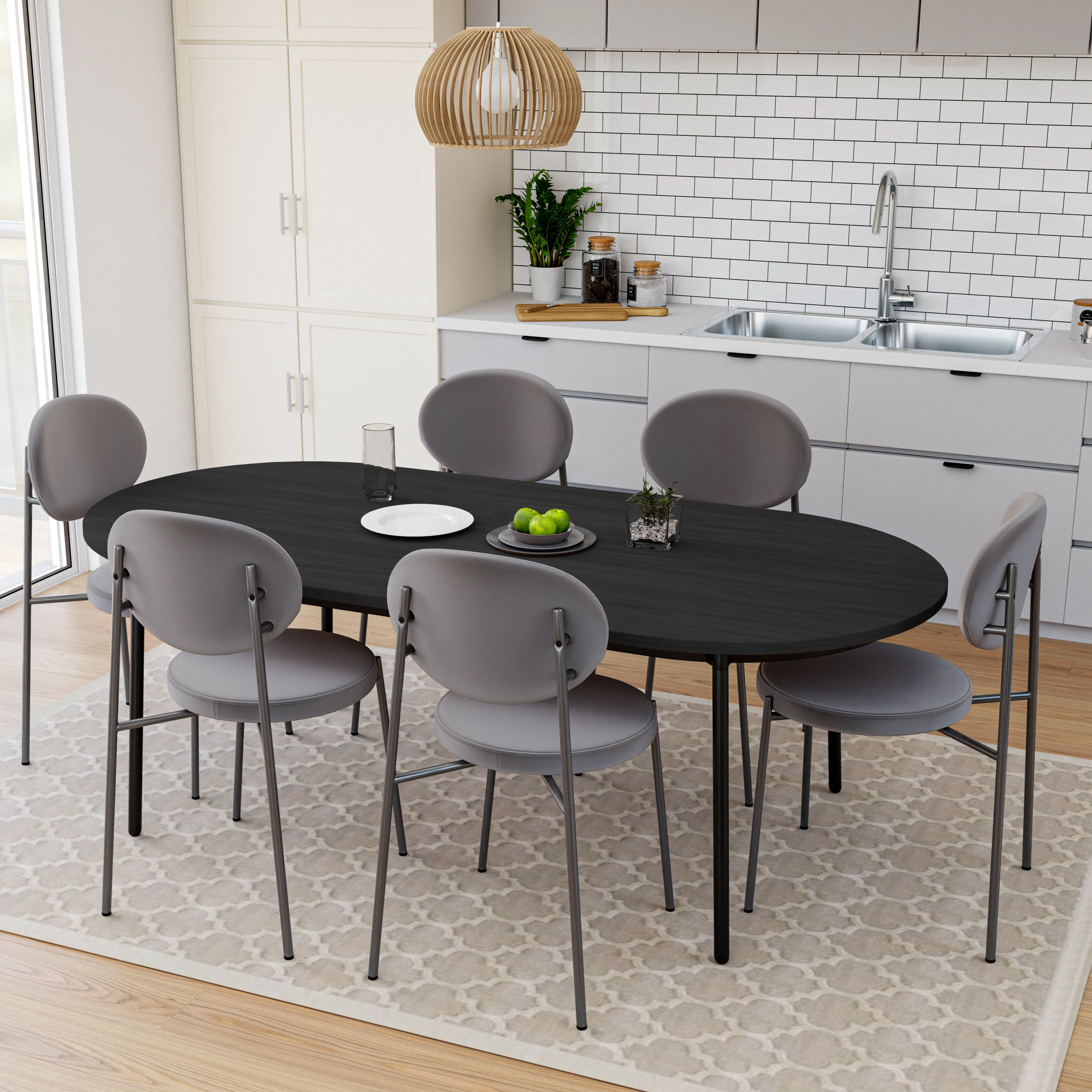Euston Dining Set, 6 Grey Chairs and Black Table