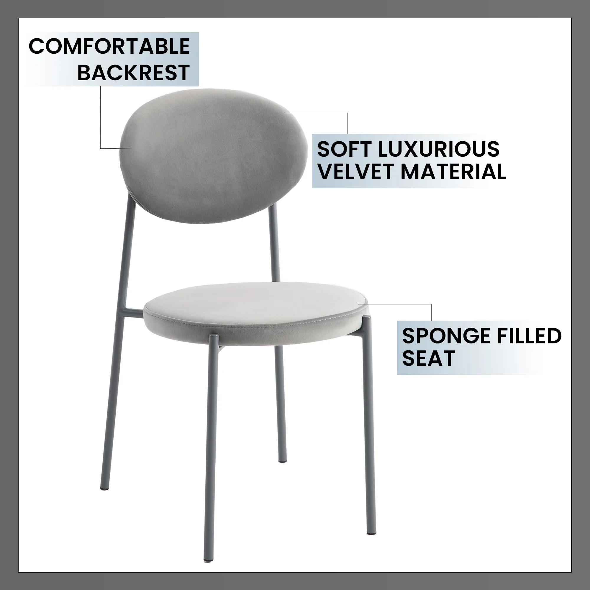 Euston Dining Set, 6 Grey Chairs and Black Table