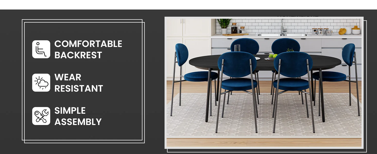 Euston Dining Set, 6 Blue Chairs and Black Table