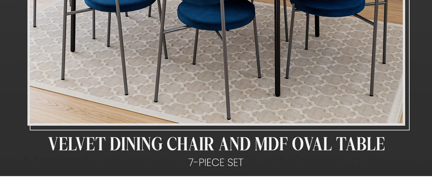 Euston Dining Set, 6 Blue Chairs and Black Table