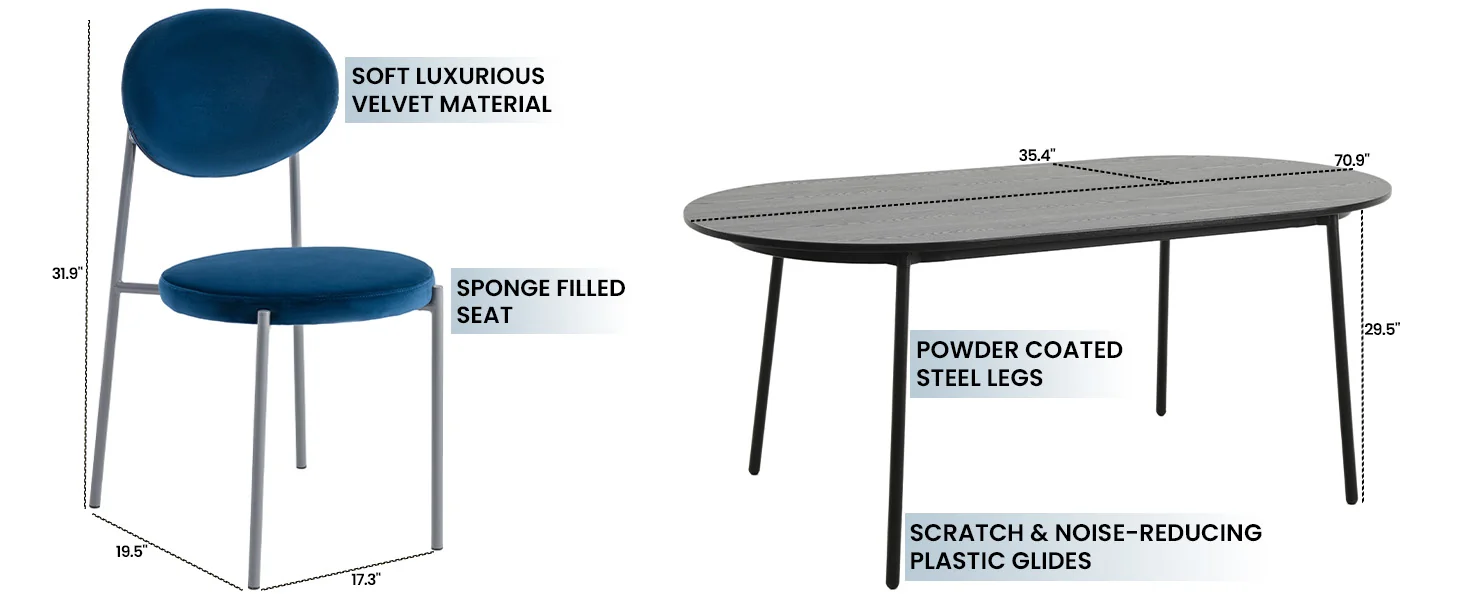 Euston Dining Set, 6 Blue Chairs and Black Table