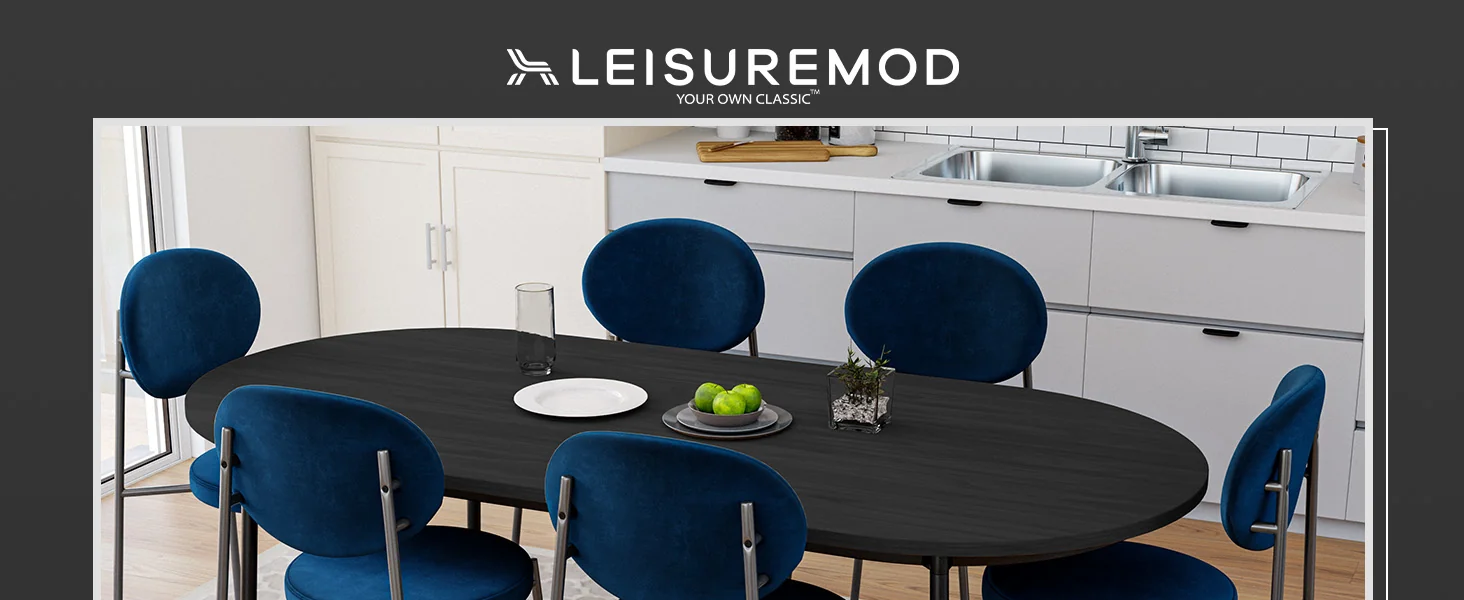 Euston Dining Set, 6 Blue Chairs and Black Table