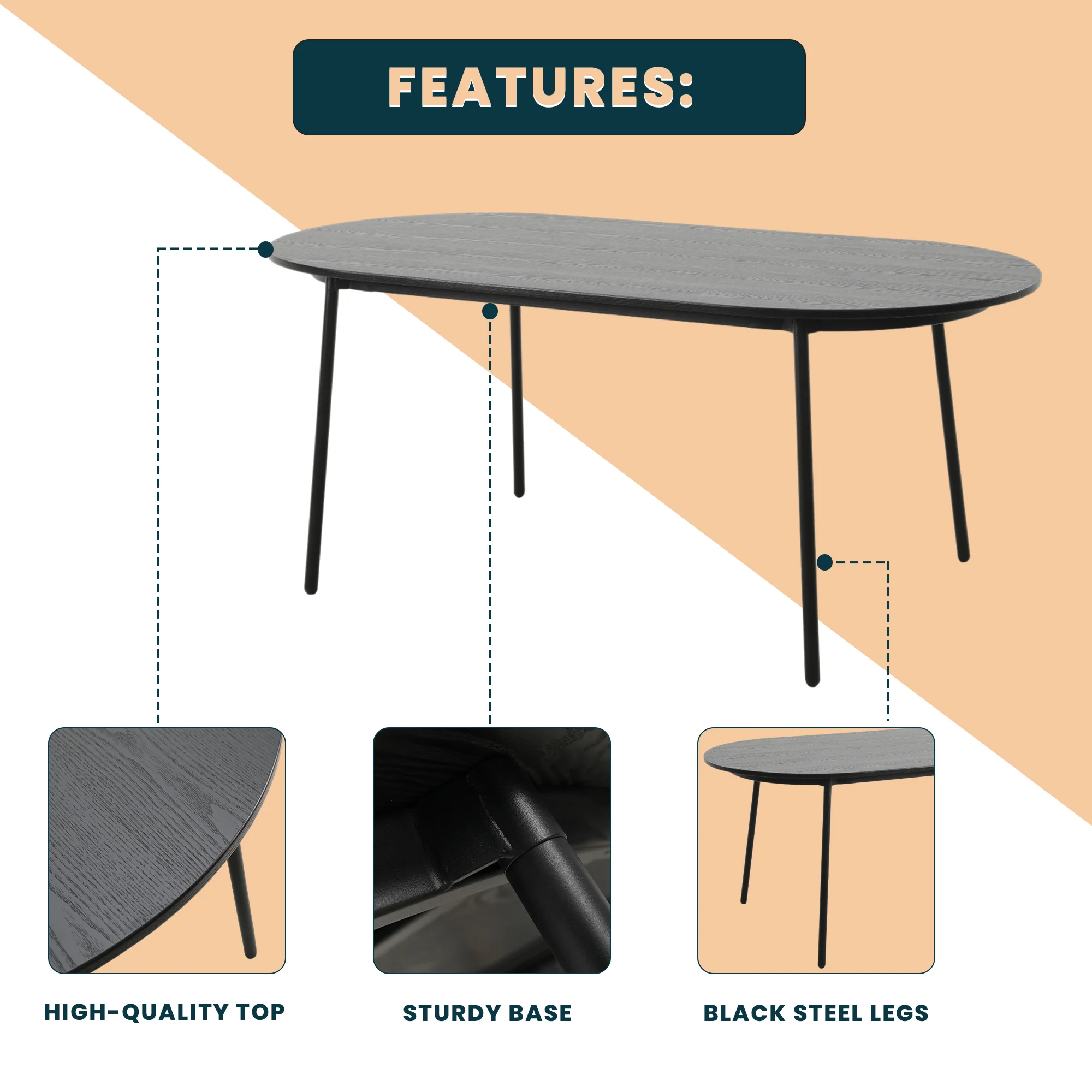 Tule Modern 71" Oval Dining Table with MDF Top and Black Steel Legs in Black