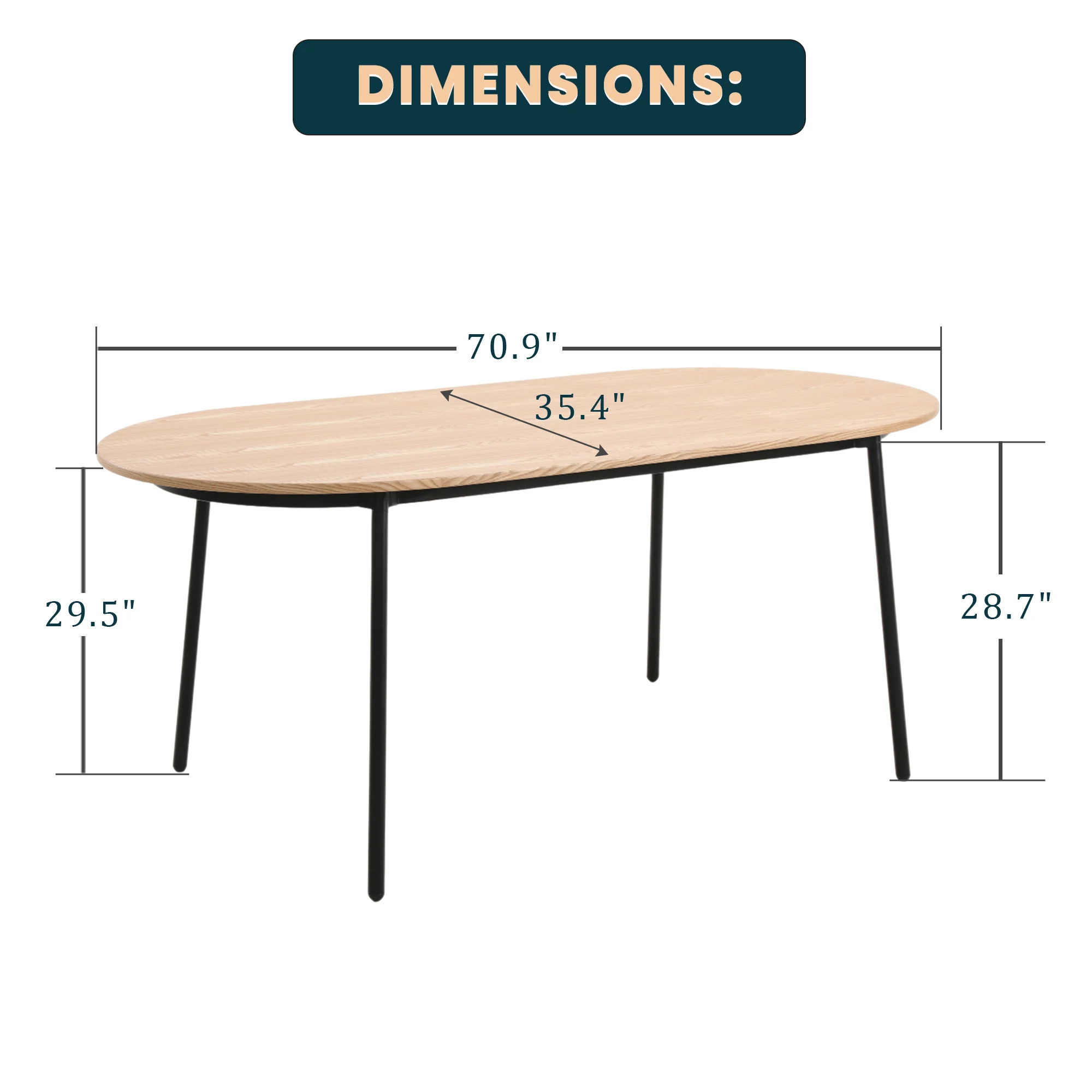 Tule Modern 71" Oval Dining Table with MDF Top and Black Steel Legs in Natural Wood