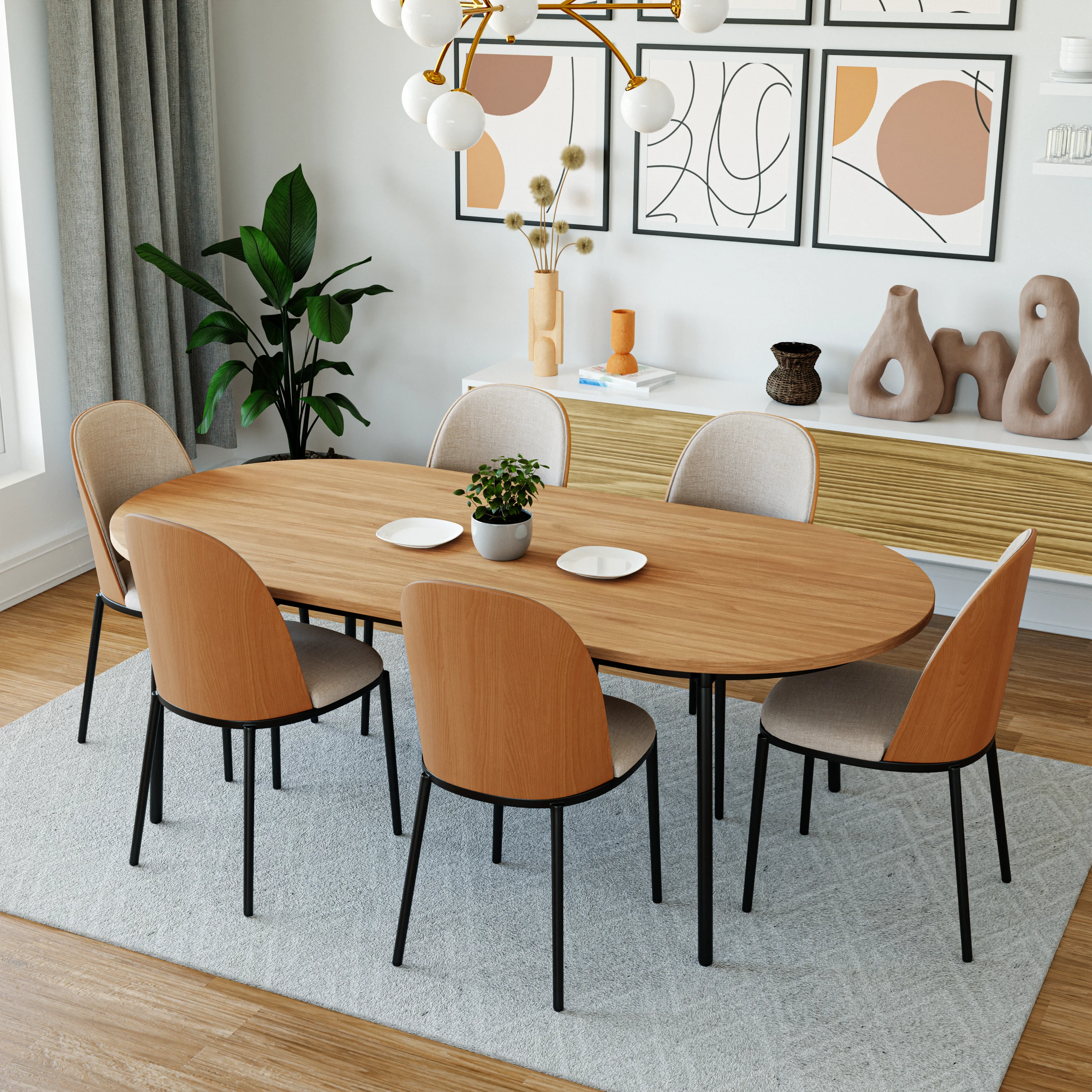 Tule Modern 71" Oval Dining Table with MDF Top and Black Steel Legs in Natural Wood