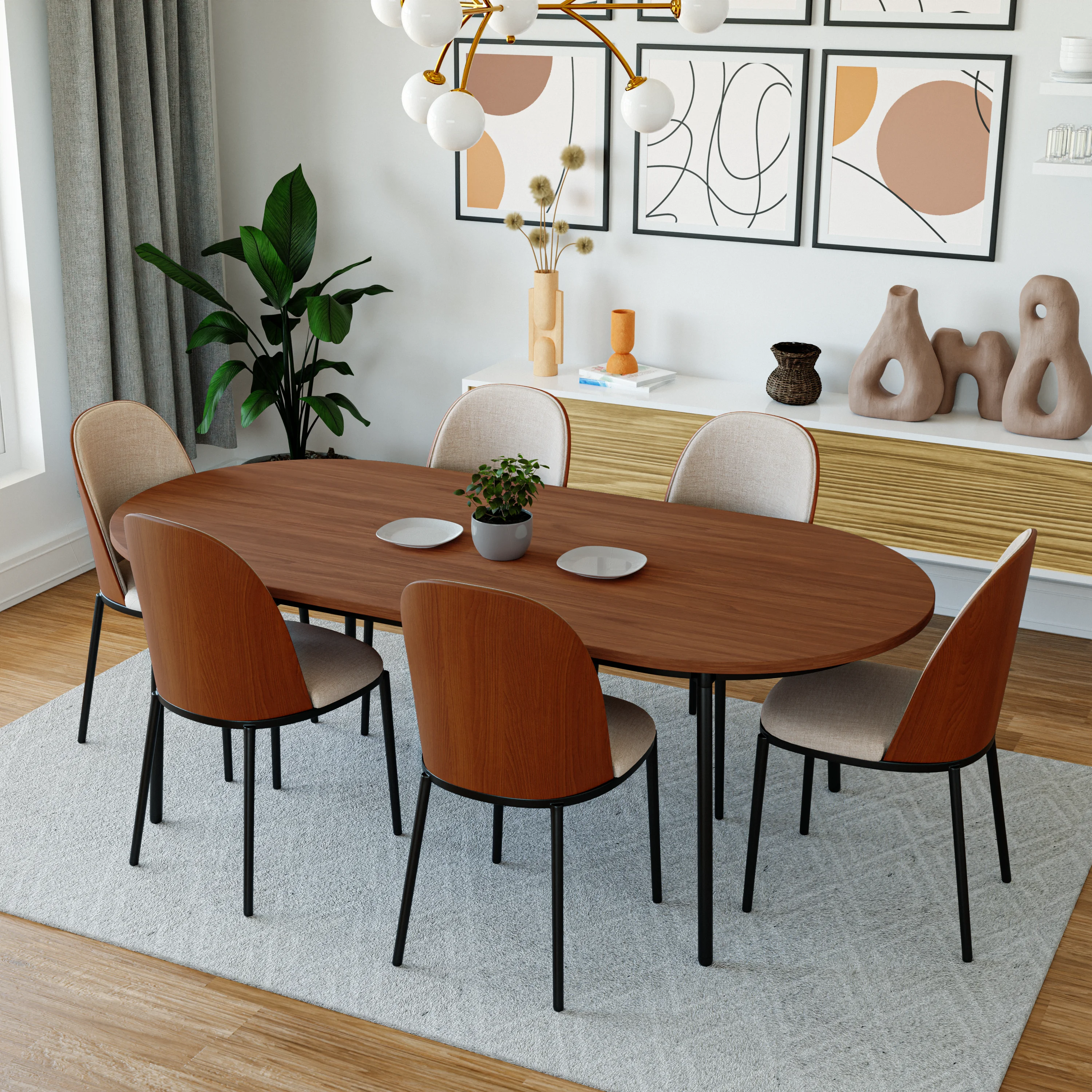 Tule Modern 71" Oval Dining Table with MDF Top and Black Steel Legs in Walnut