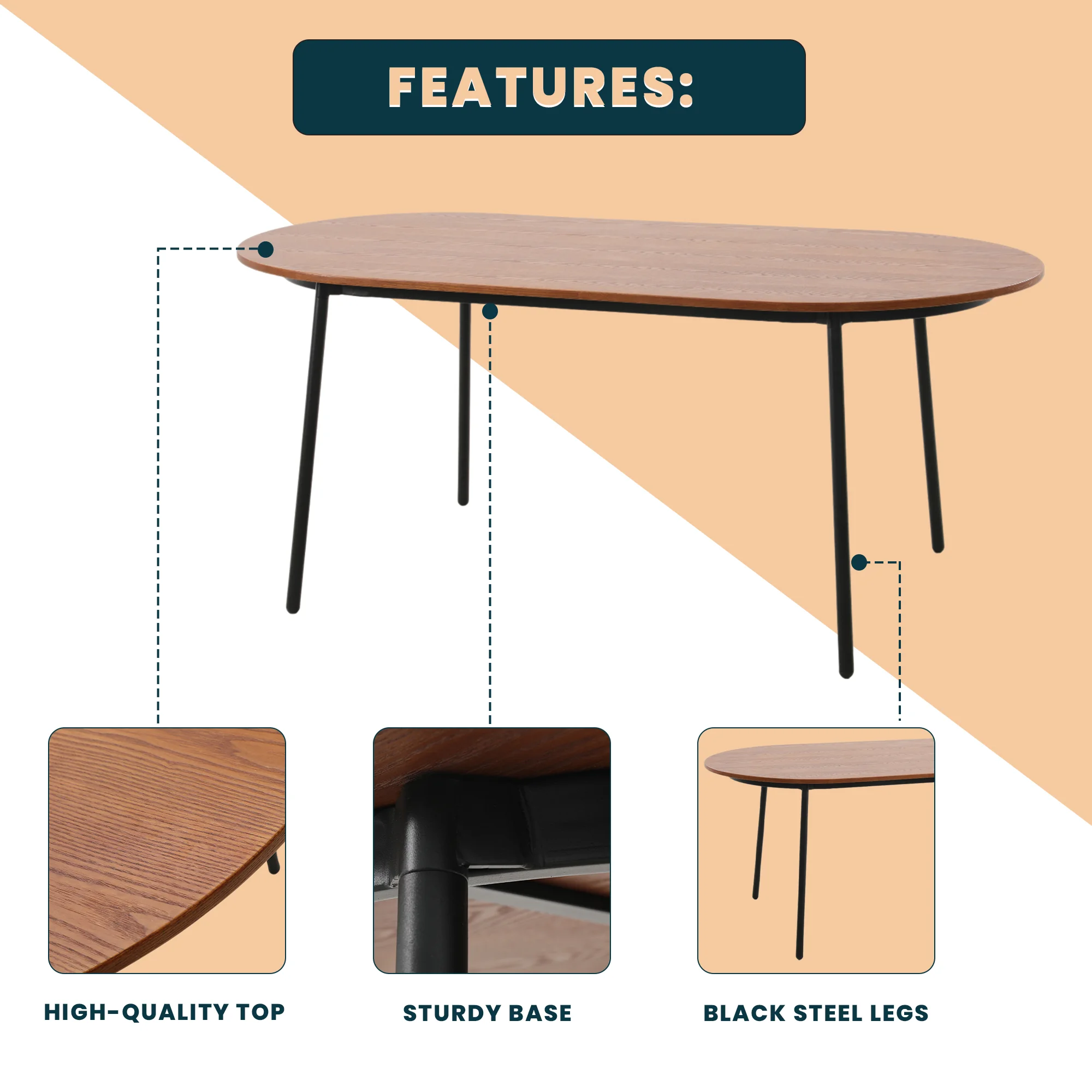 Tule Modern 71" Oval Dining Table with MDF Top and Black Steel Legs in Walnut