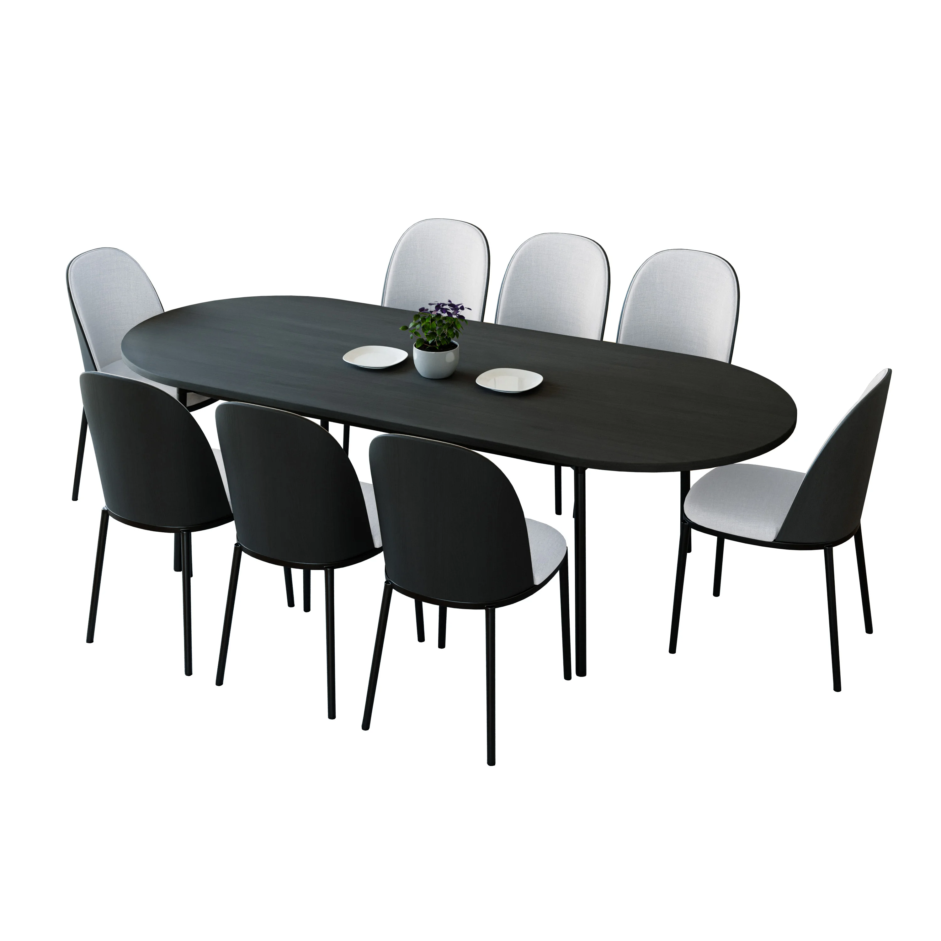 Tule 9-Piece Dining Set in Steel Frame with 8 Upholstered Seat Dining Chairs and 83" Oval Dining Table with MDF Tabletop