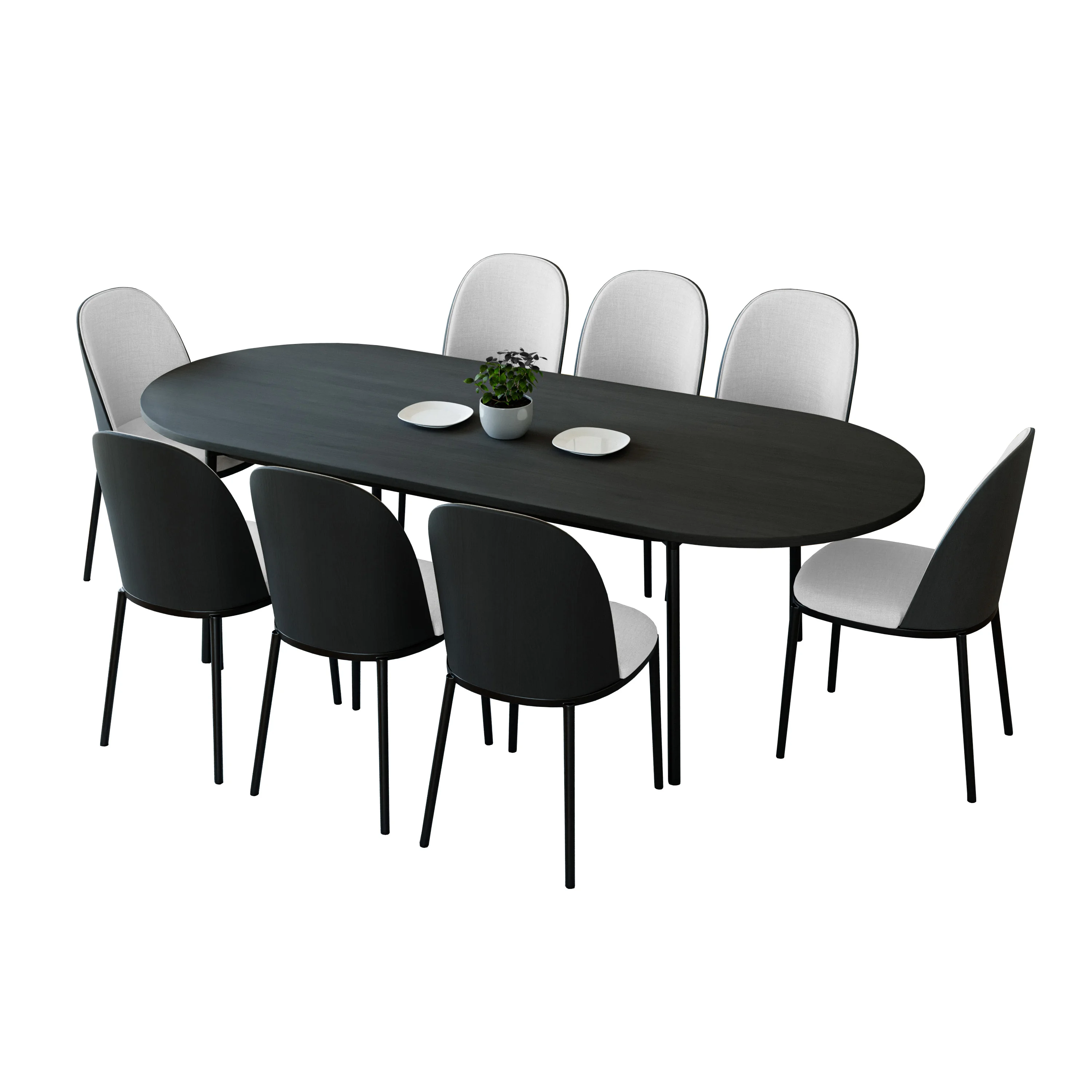 Tule 9-Piece Dining Set in Steel Frame with 8 Upholstered Seat Dining Chairs and 83" Oval Dining Table with MDF Tabletop