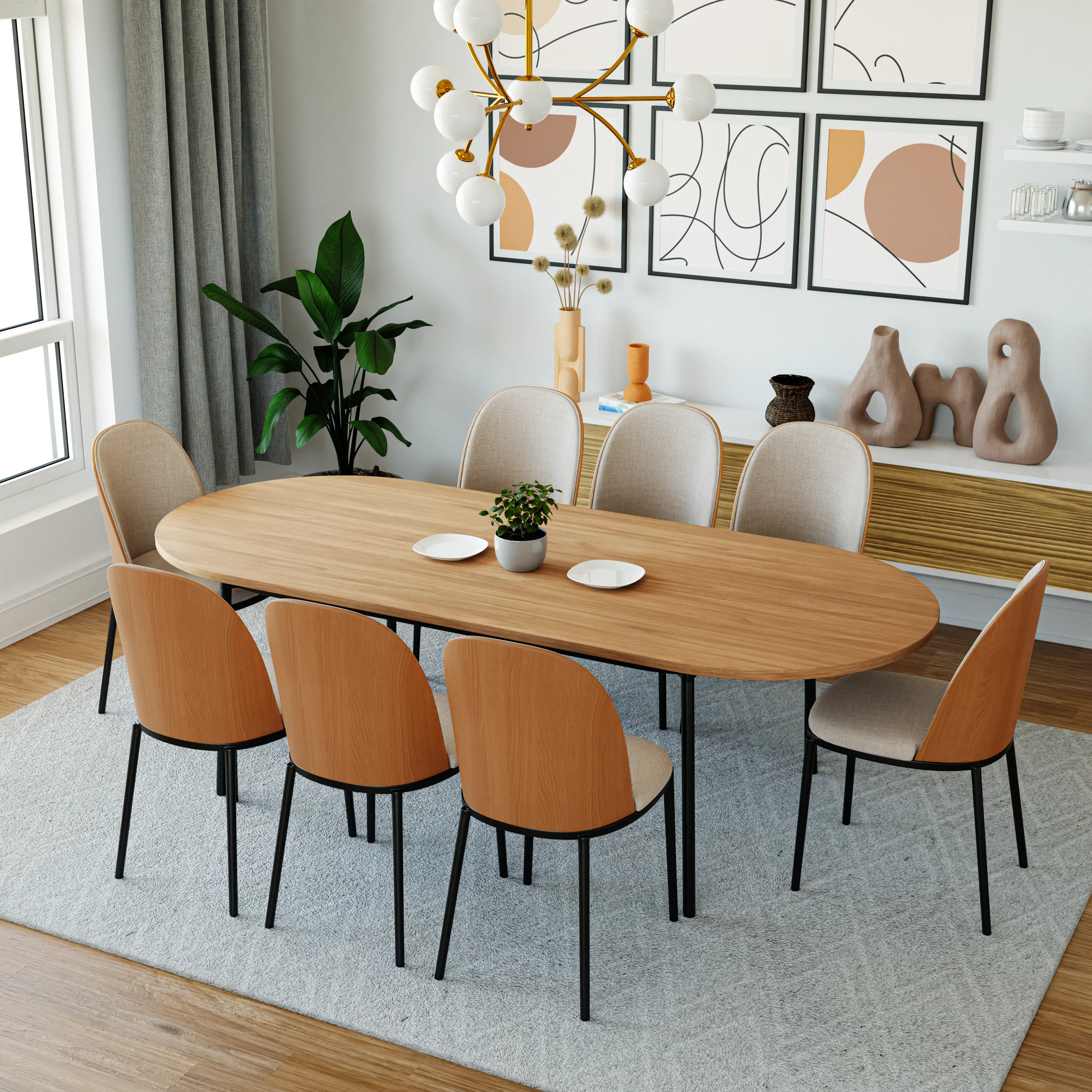 Tule 9-Piece Dining Set in Steel Frame with 8 Upholstered Seat Dining Chairs and 83" Oval Dining Table with MDF Tabletop