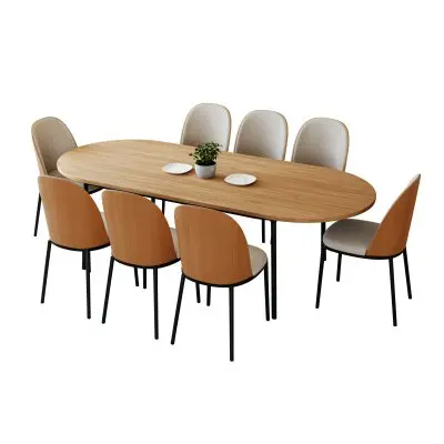 Tule 9-Piece Dining Set in Steel Frame with 8 Upholstered Seat Dining Chairs and 83" Oval Dining Table with MDF Tabletop