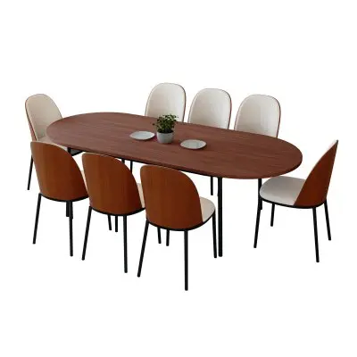 Tule 9-Piece Dining Set in Steel Frame with 8 Upholstered Seat Dining Chairs and 83" Oval Dining Table with MDF Tabletop