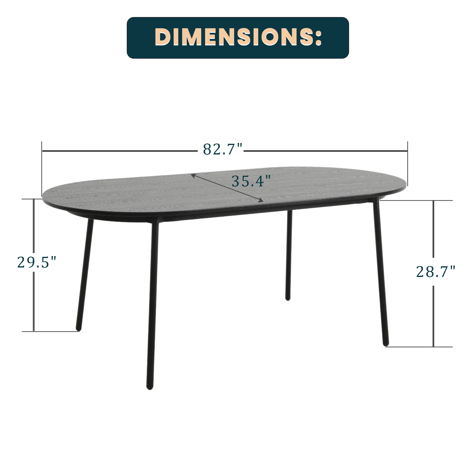 Tule Modern 83" Oval Dining Table with MDF Top and Black Steel Legs in Black
