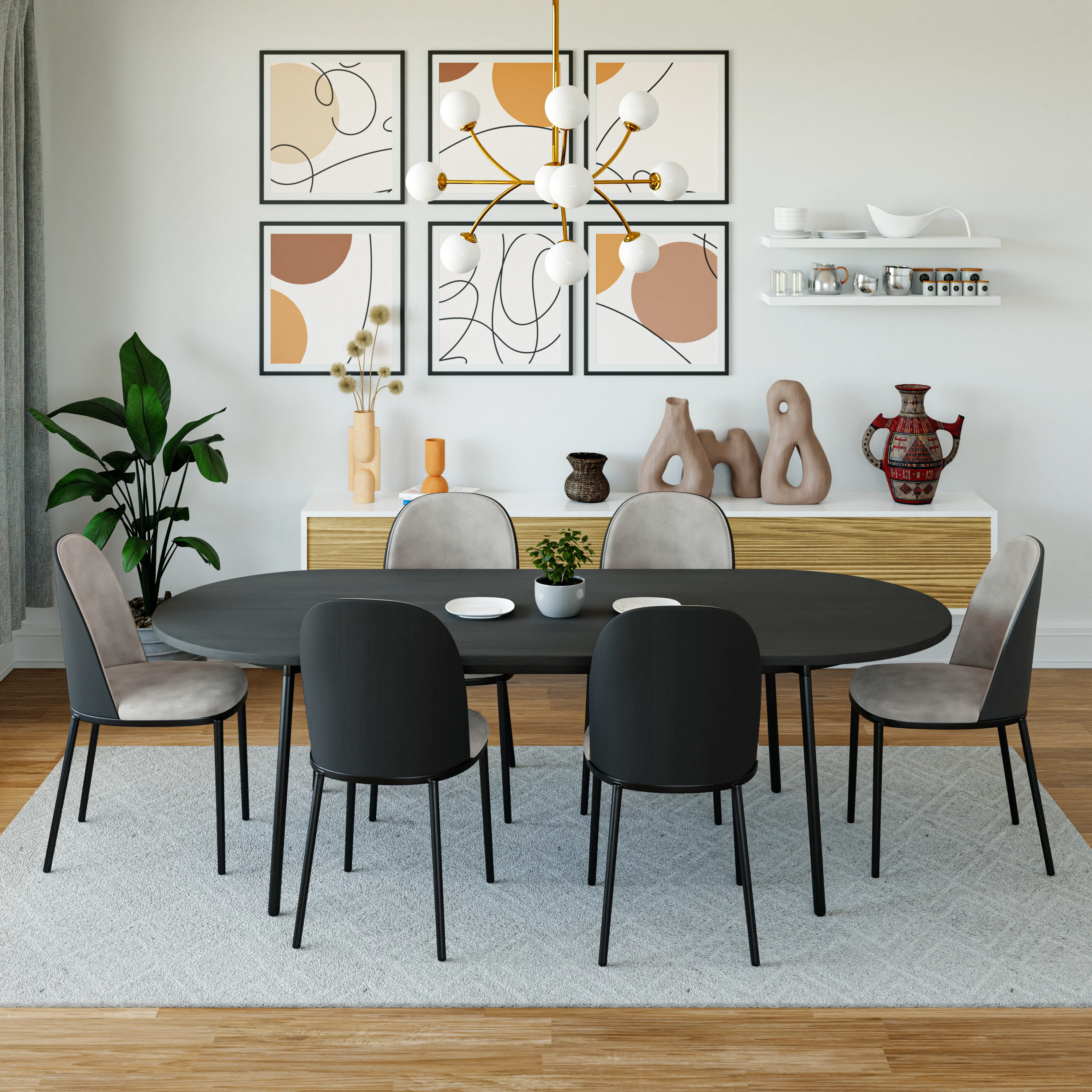 Tule Modern 83" Oval Dining Table with MDF Top and Black Steel Legs in Black