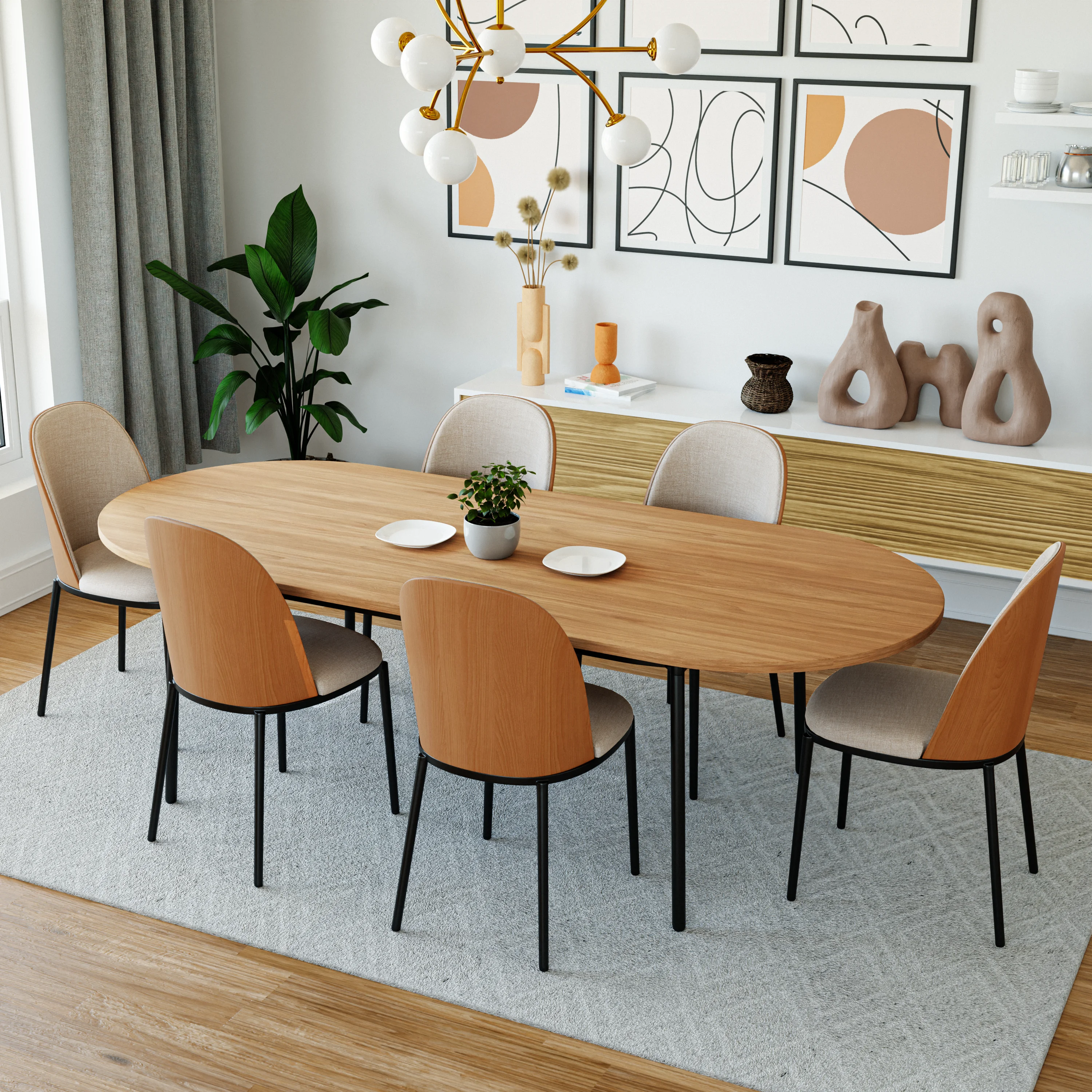 Tule Modern 83" Oval Dining Table with MDF Top and Black Steel Legs in Natural Wood