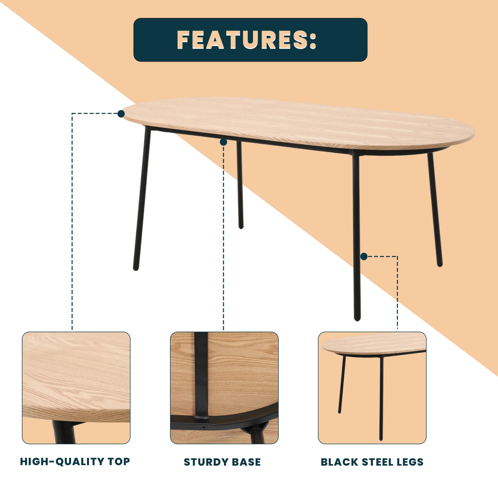 Tule Modern 83" Oval Dining Table with MDF Top and Black Steel Legs in Natural Wood