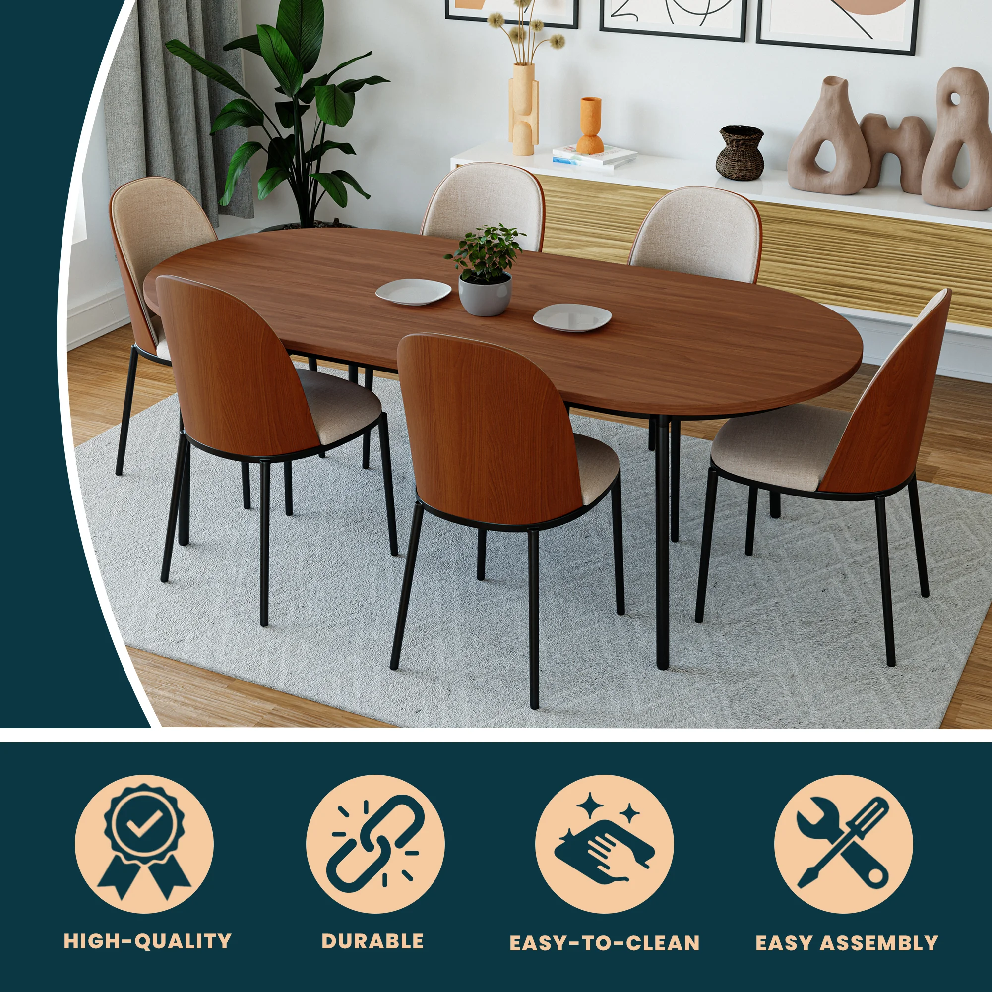 Tule Modern 83" Oval Dining Table with MDF Top and Black Steel Legs in Walnut
