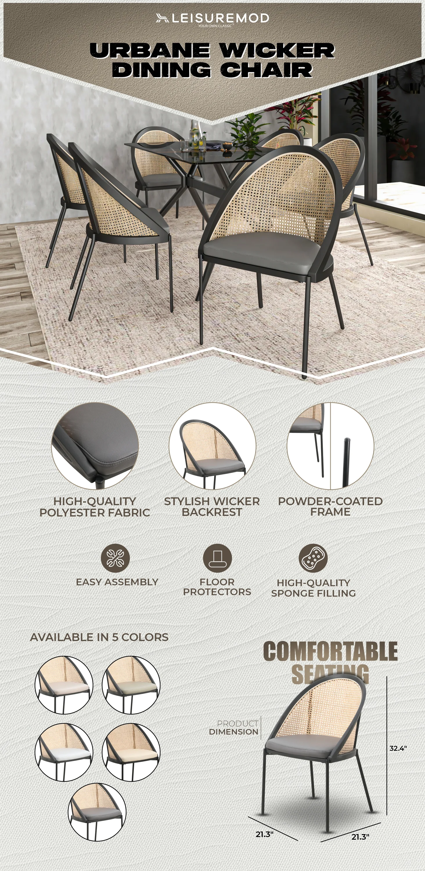 Urbane Collection Modern Dining Chair With Wicker back in Charcoal