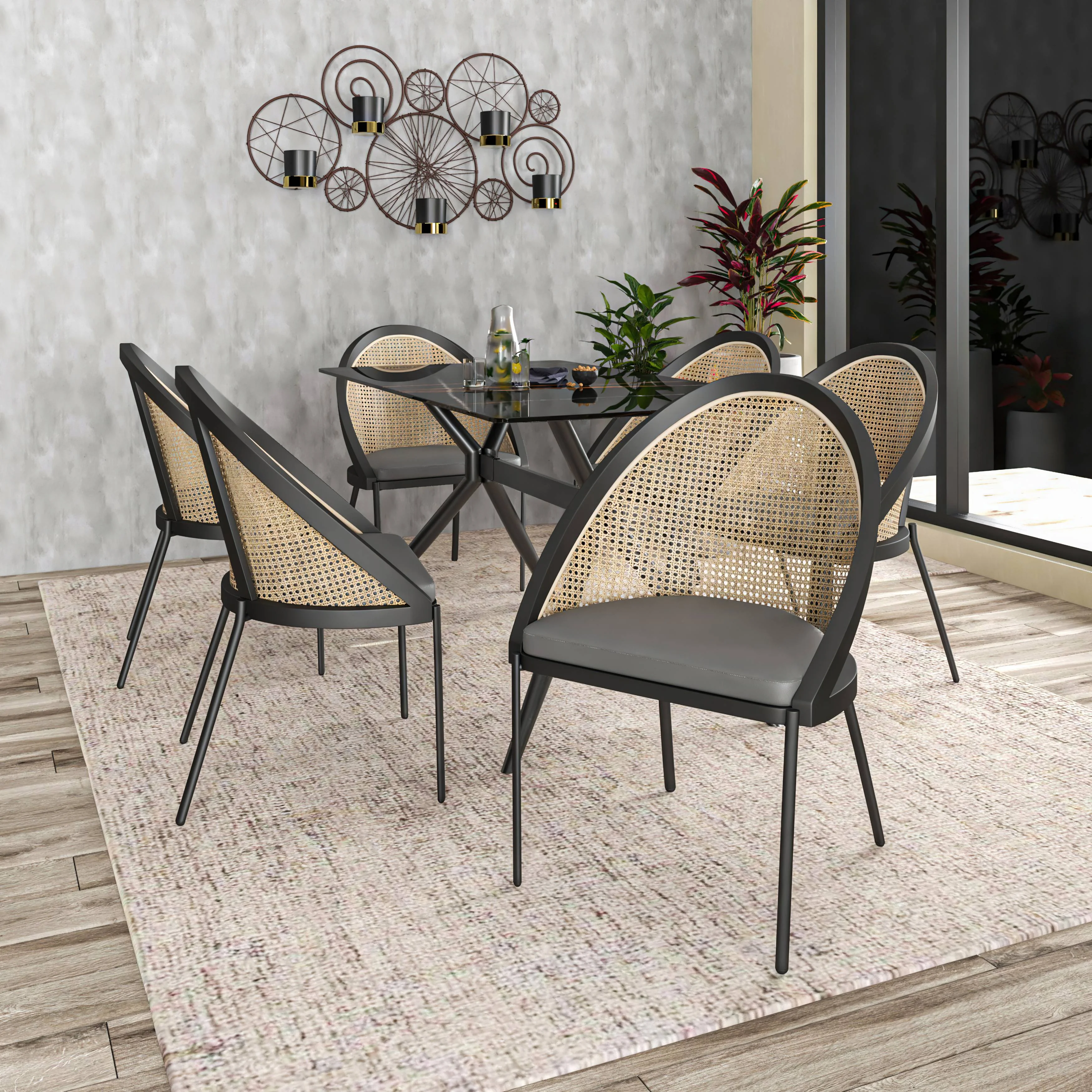 Urbane Collection Modern Dining Chair With Wicker back in Charcoal - Set of 2