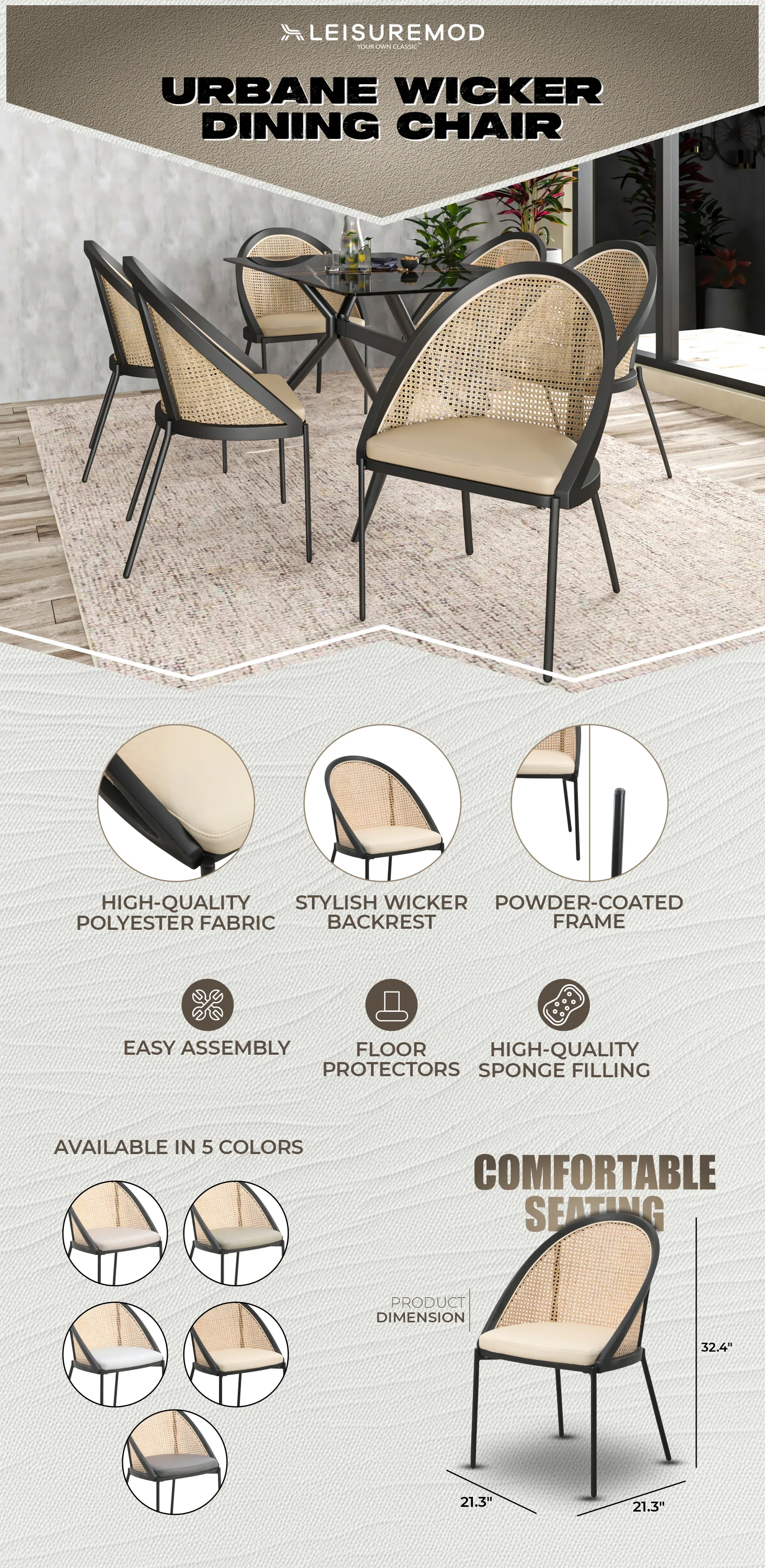 Urbane Collection Modern Dining Chair With Wicker back in Cream